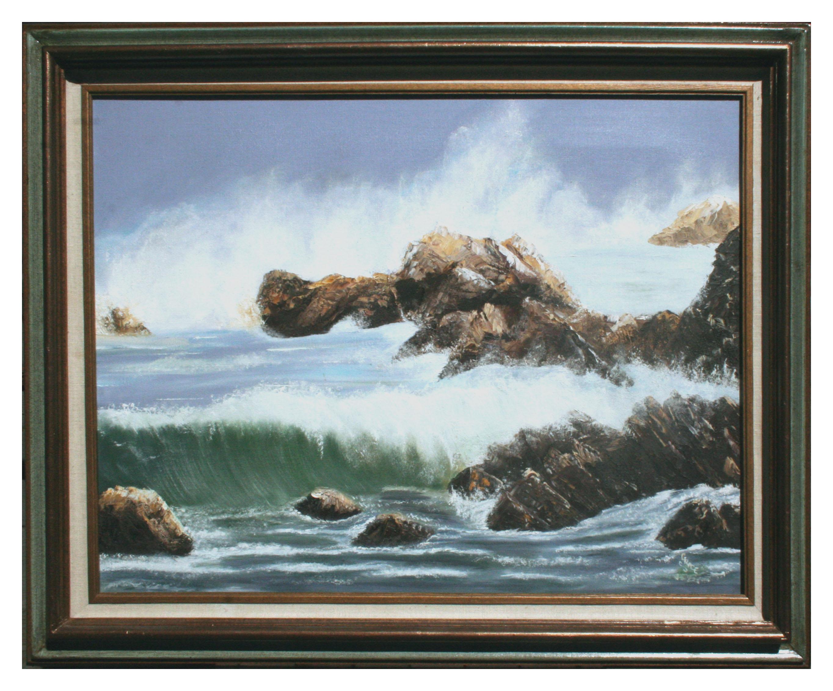 Landscape Painting de Elsie Grace - Olas que rompen, paisaje marino de mediados de siglo en la costa del Pacífico