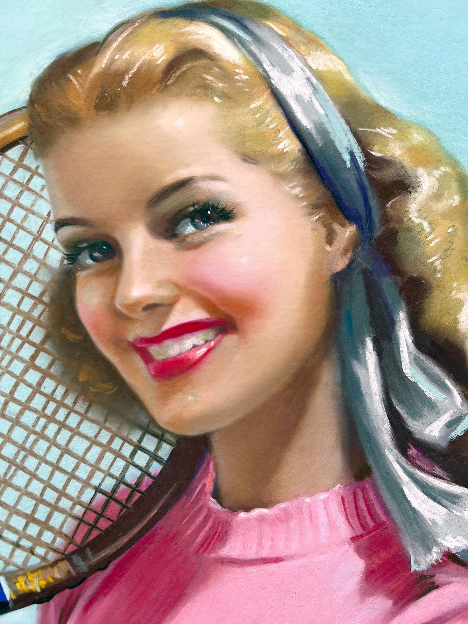 Blond Pin up with Perfect Smile Tennis Racket - Women Illustrators - Painting by Elsie Julia Miller