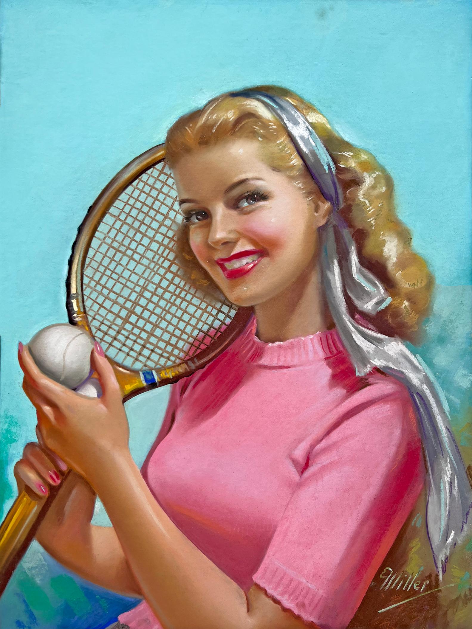 Elsie Julia Miller Figurative Painting - Blond Pin up with Perfect Smile Tennis Racket - Women Illustrators