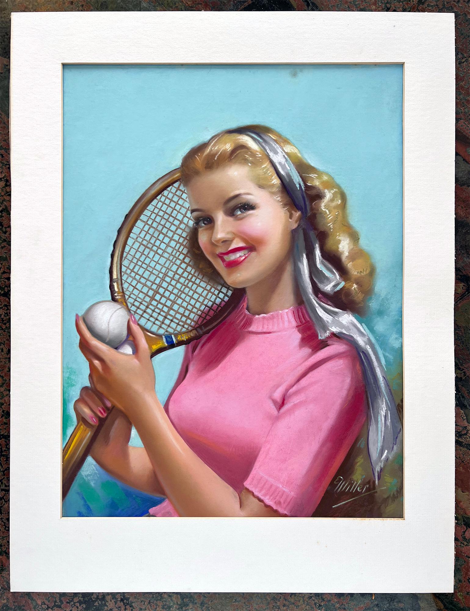 Blond Pin up with Perfect Smile Tennis Racket - Women Illustrators For Sale 6