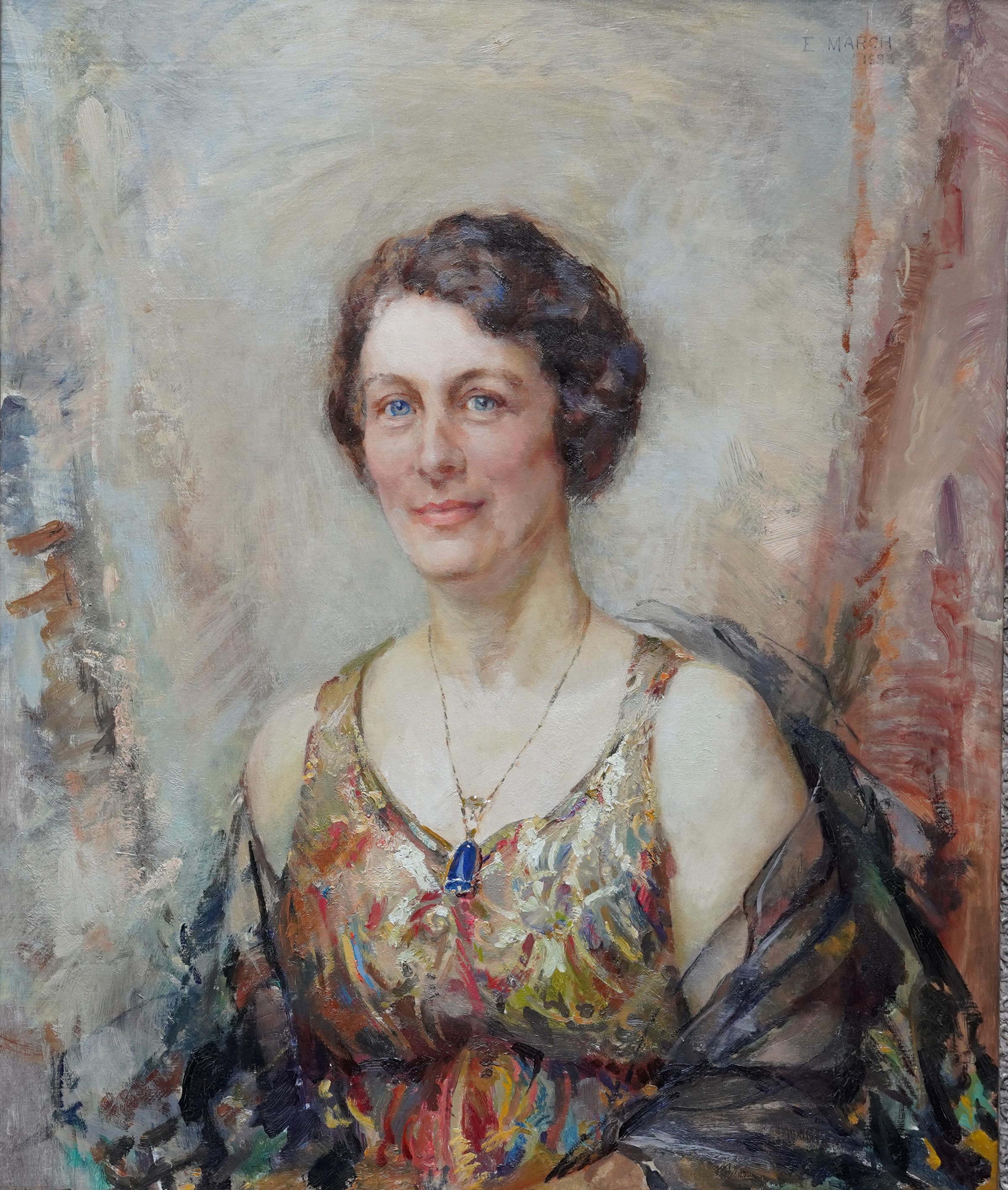 Portrait d'une femme avec un pendentif - Peinture à l'huile Art déco britannique des années 30 en vente 6