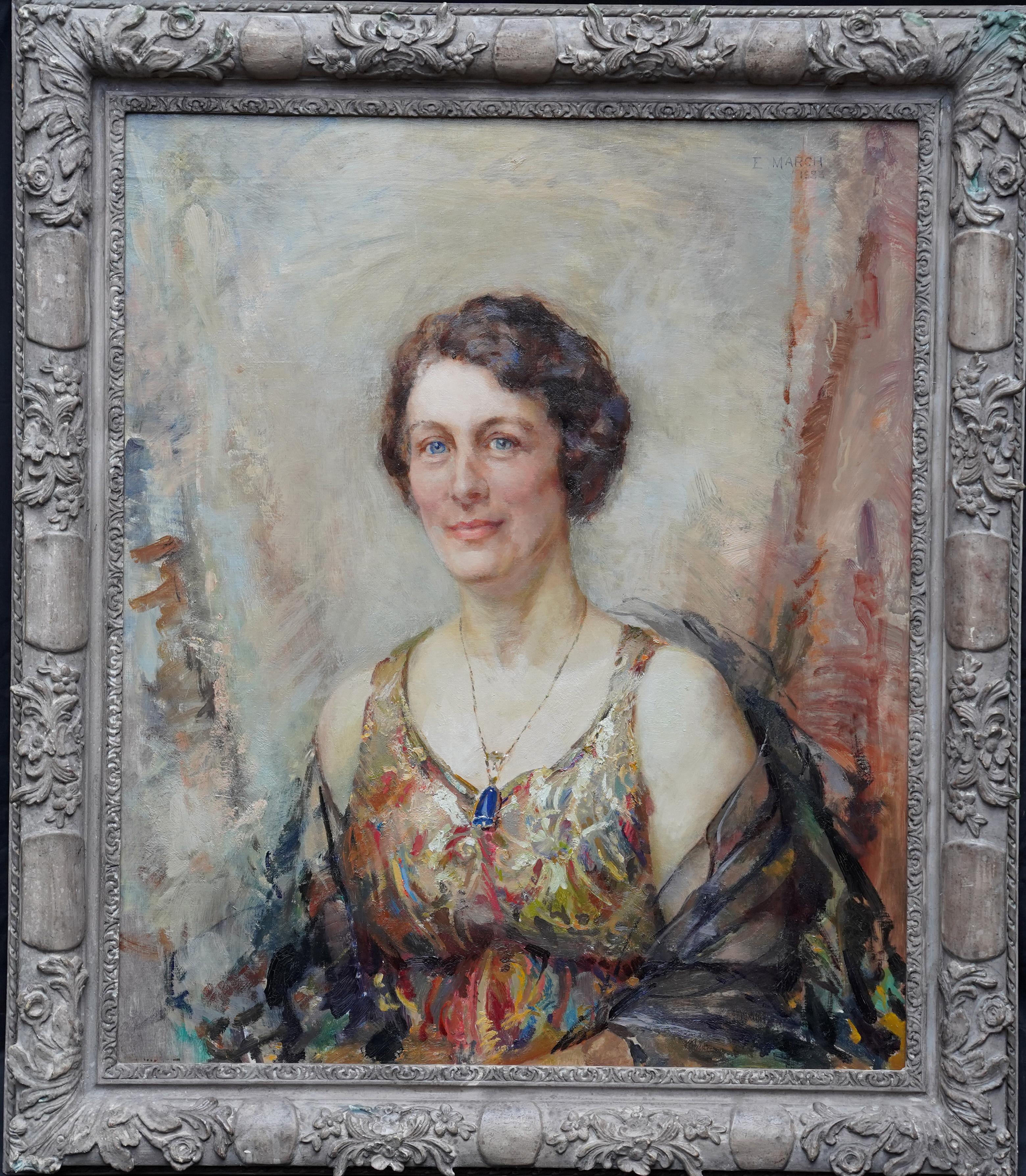 Portrait d'une femme avec un pendentif - Peinture à l'huile Art déco britannique des années 30 en vente 7