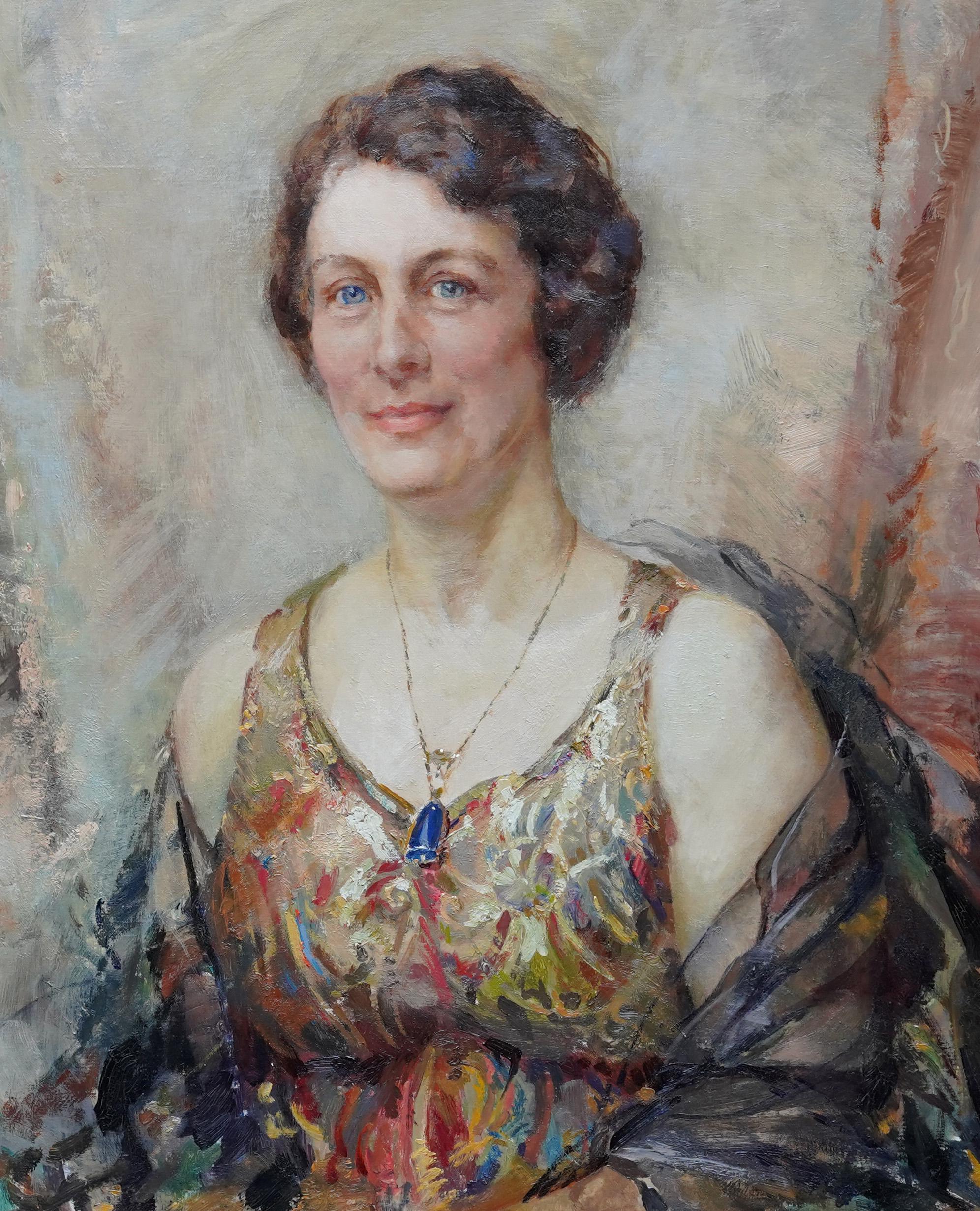 Portrait of a Lady with Pendant - British Art Deco 30's portrait oil painting - Realist Painting by Elsie March
