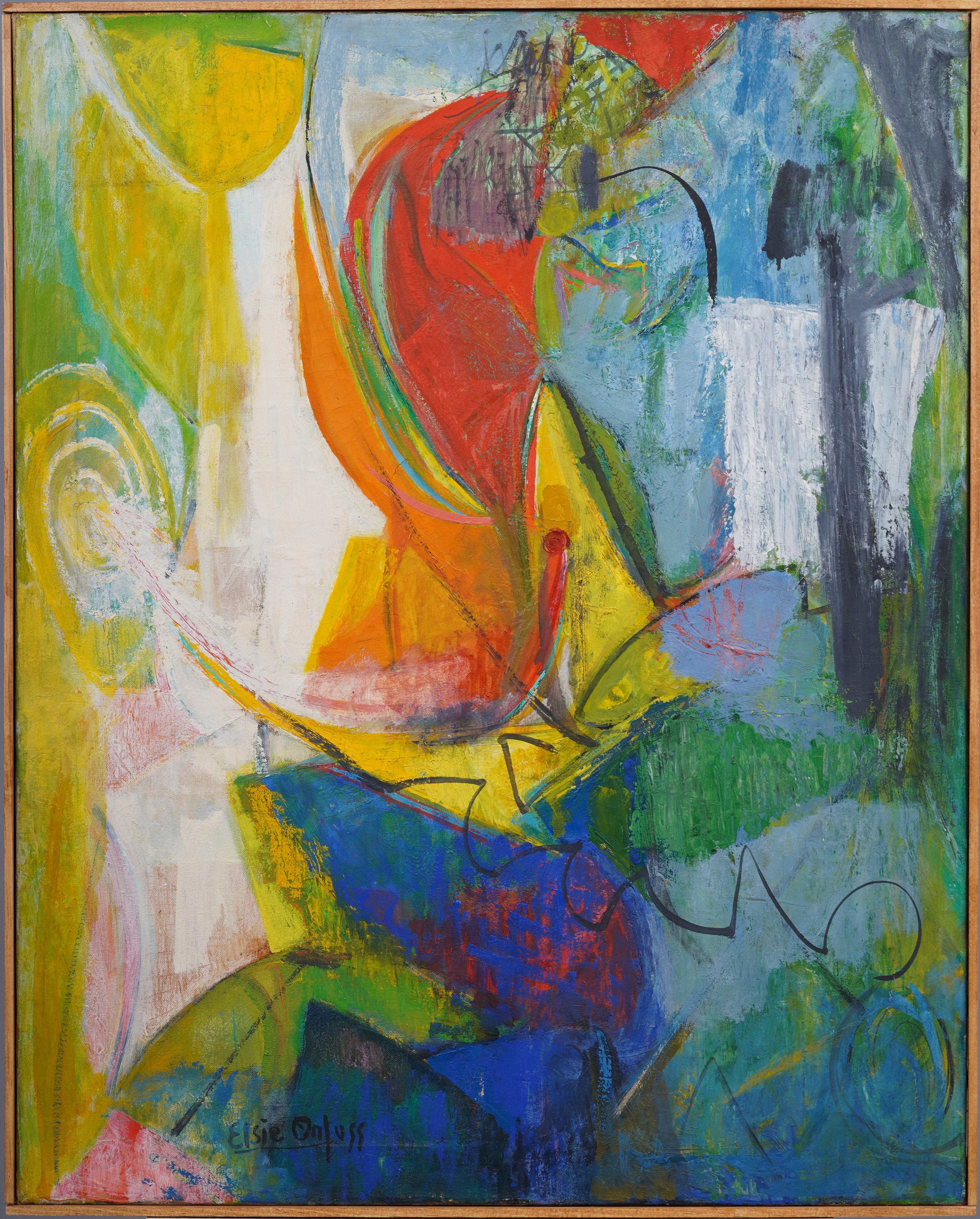 elsie orfuss Abstract Painting – Antikes Ölgemälde der amerikanischen Schule, weibliche Künstlerin des Abstrakten Expressionismus, kubistisches Ölgemälde