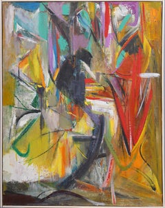 Ancienne peinture à l'huile cubiste expressionniste abstraite de l'école américaine