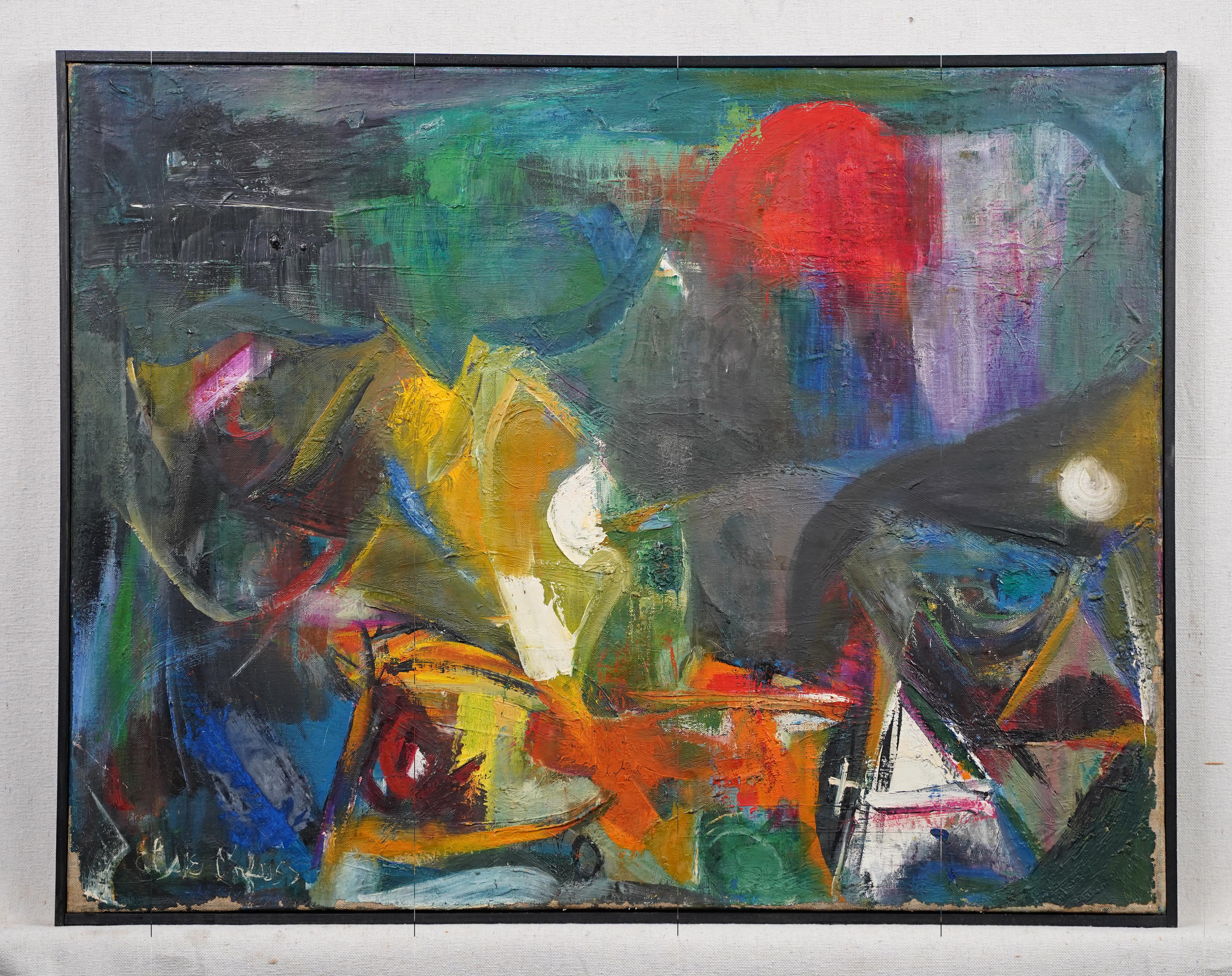 Antique American abstract expressionist signed oil painting.  Oil on canvas.  Signed.  Framed.  Image size, 26L x 20H.