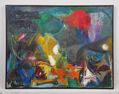 Peinture à l'huile expressionniste abstraite d'une école américaine ancienne encadrée, signée