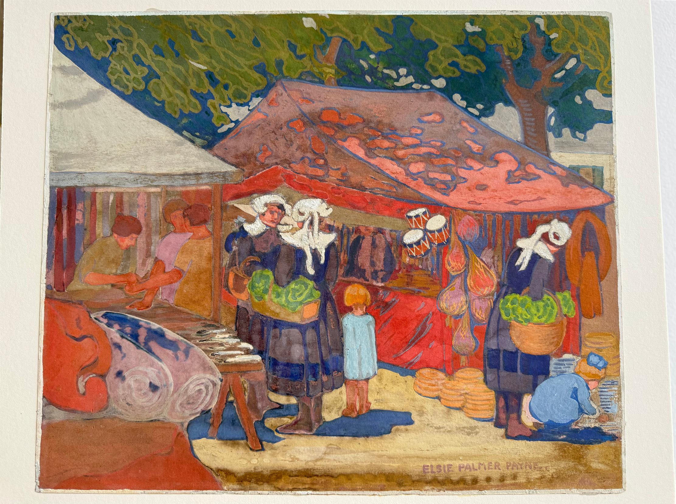 Paesaggio Fauve Scena di mercato francese di un'artista femminile americana in vendita 1