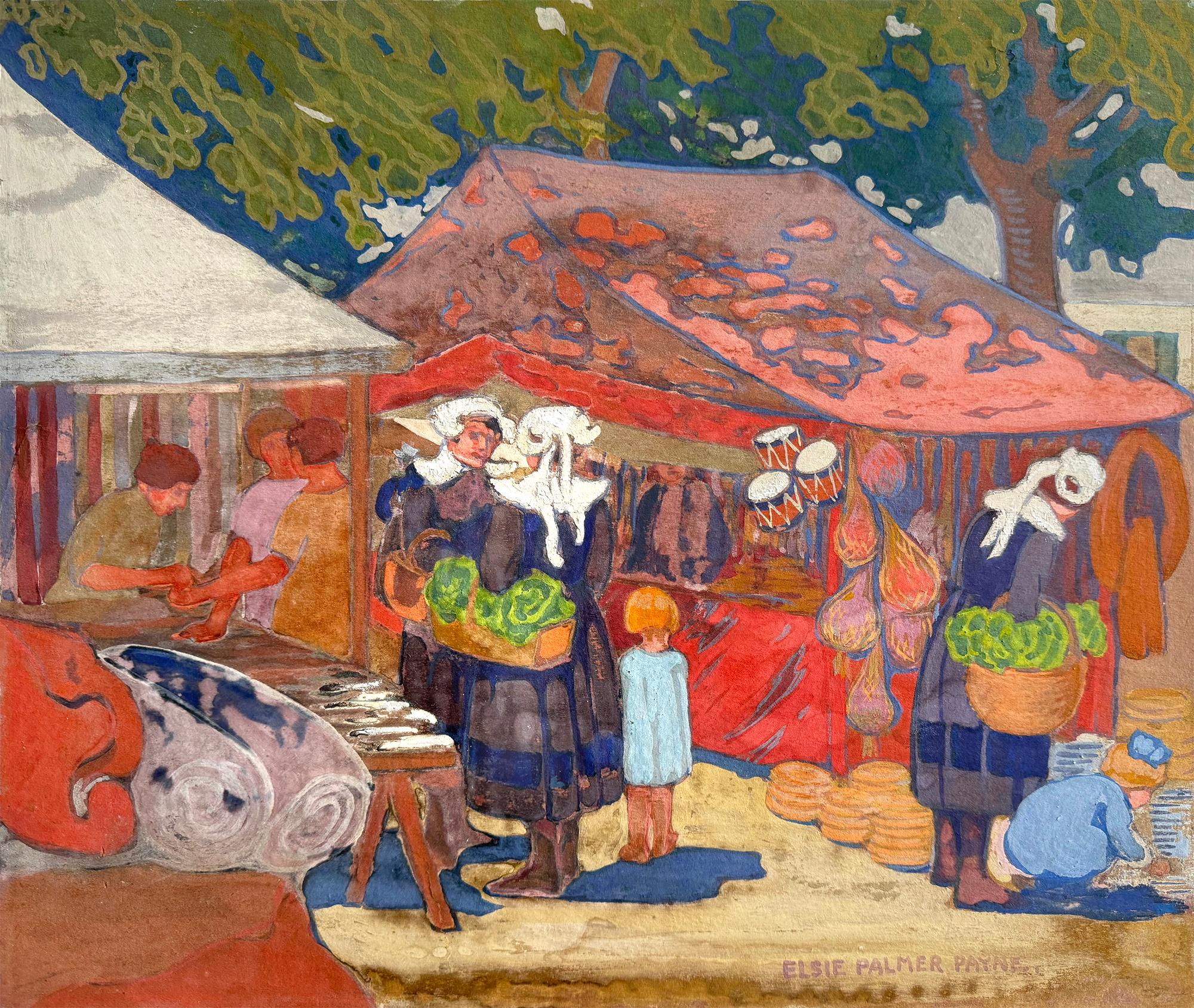 Paesaggio Fauve Scena di mercato francese di un'artista femminile americana