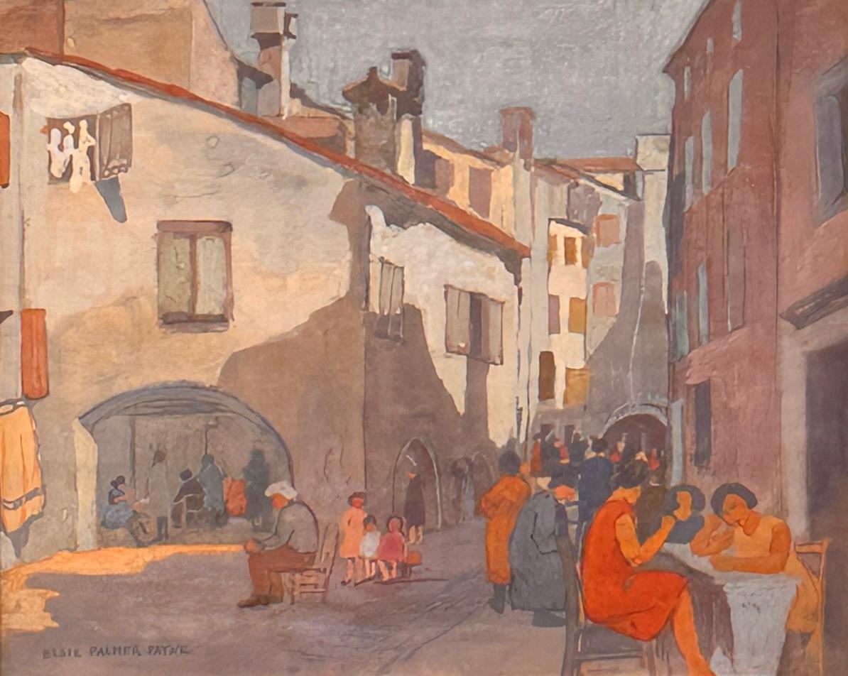 Fabricants de dentelle, Chioggia, Gouache, Scène italienne - Painting de Elsie Palmer Payne