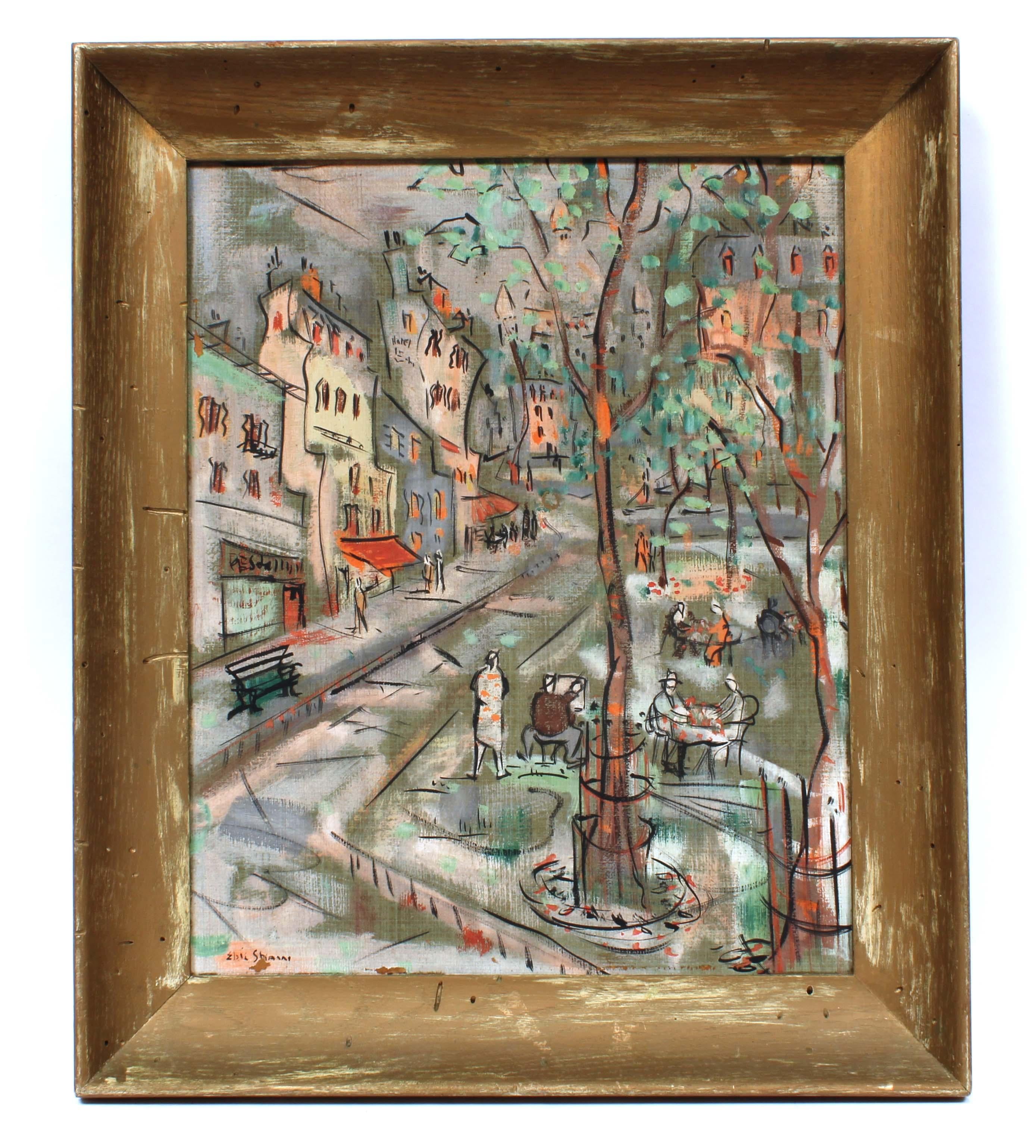 Listed Signed Female Vintage Modernist Paris Cafe Street Scene - Painting by elsie shaw