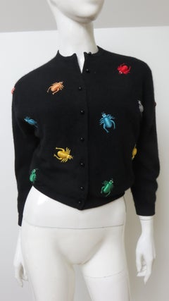 Elsie Tu Vintage Black Cashmere Cardigan with Embroidered Spiders 1950s