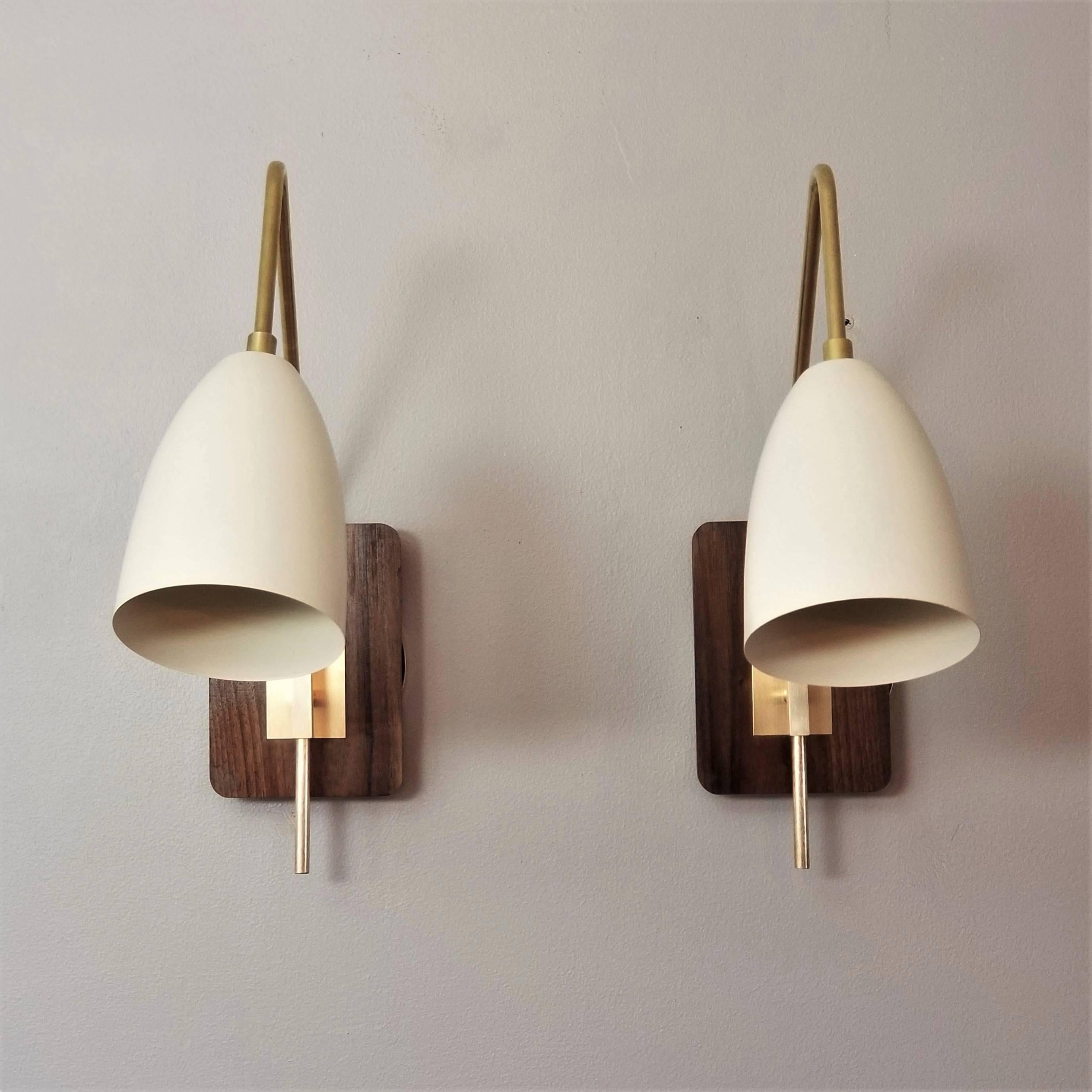 Mid-Century Modern 'Elska' Wall Mount Reading Lamp in Walnut, Brass & Enamel by Blueprint Lighting For Sale