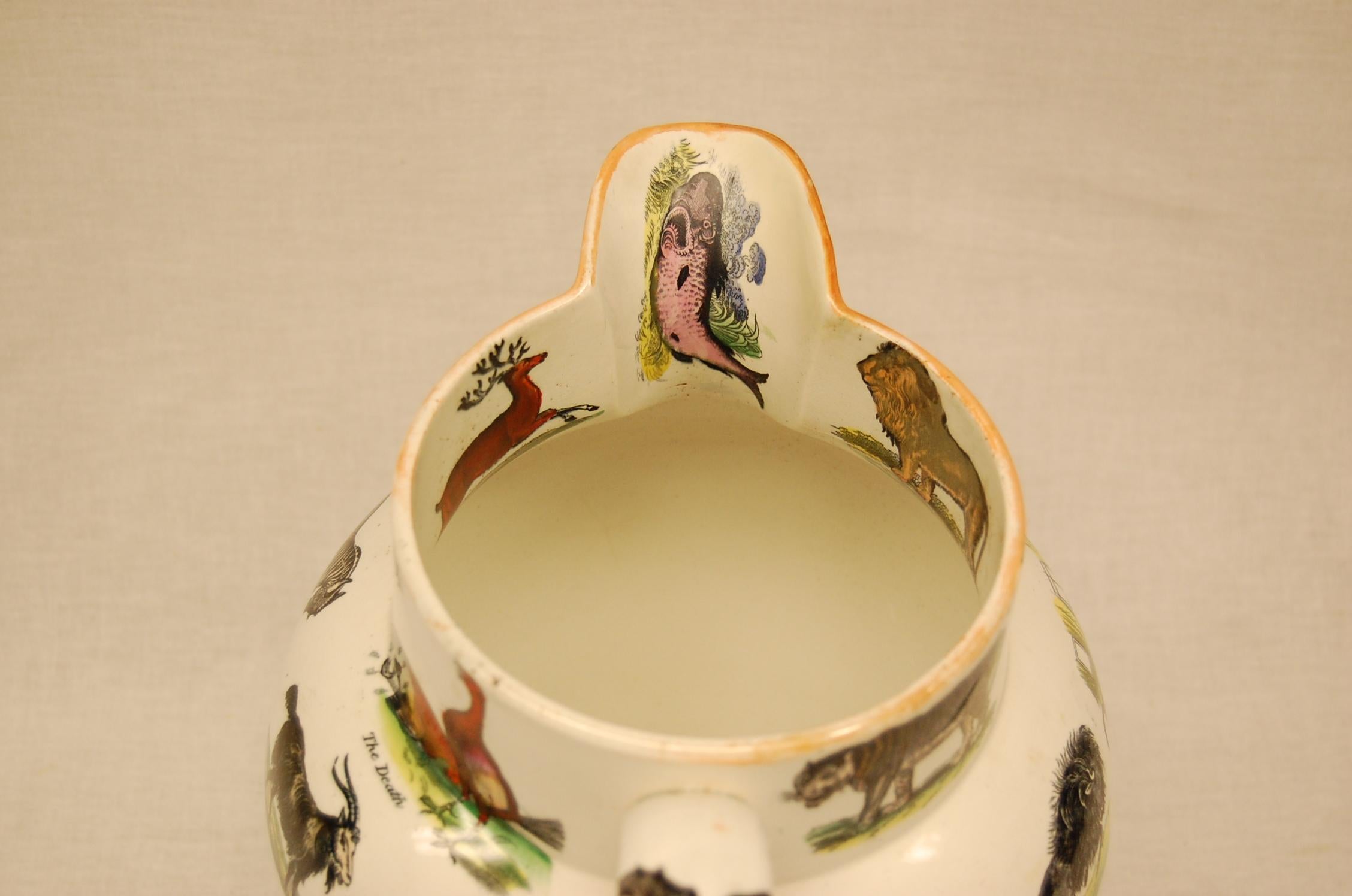 High Victorian Elsmore & Forster Ironstone Ale Jug with Exotic Animal Transferware, circa 1850