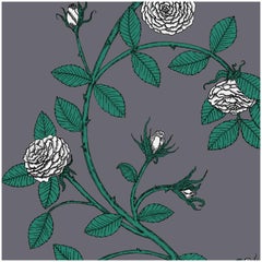 Elva Rose-Floral in Moonlit 'Grey Ground White and Green Floral' on Smooth Paper