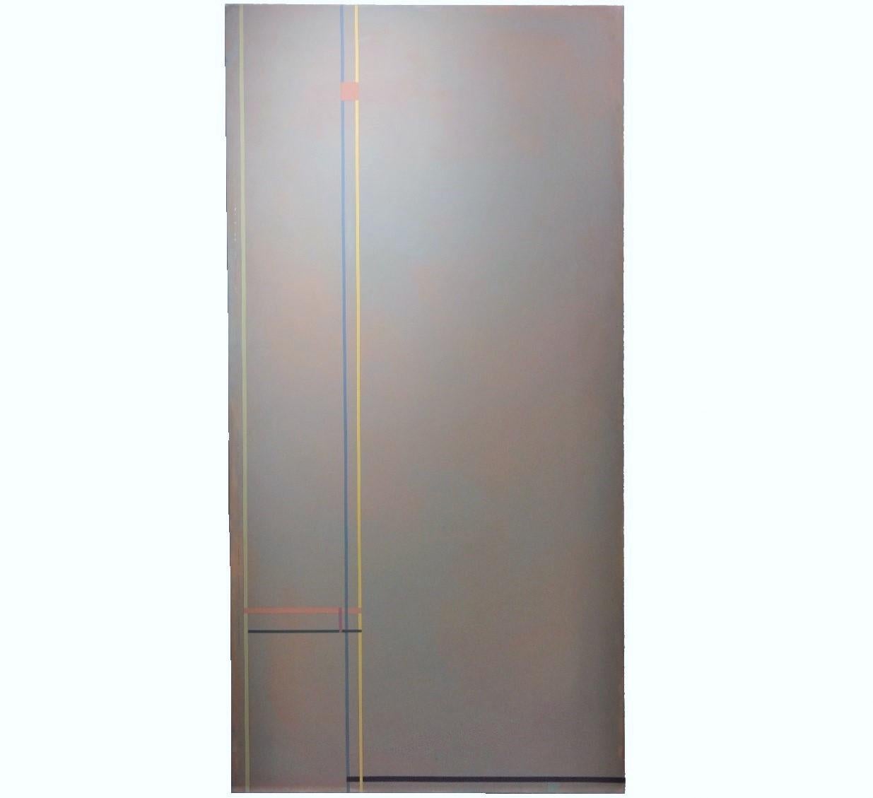 Large contemporary painting with geometric aspects by Elva Stewart. Stewart is a contemporary artist who is known for experimenting with lines. She forms lines to make multi-dimensional geometric shapes on a flat surface. The canvas is signed by the