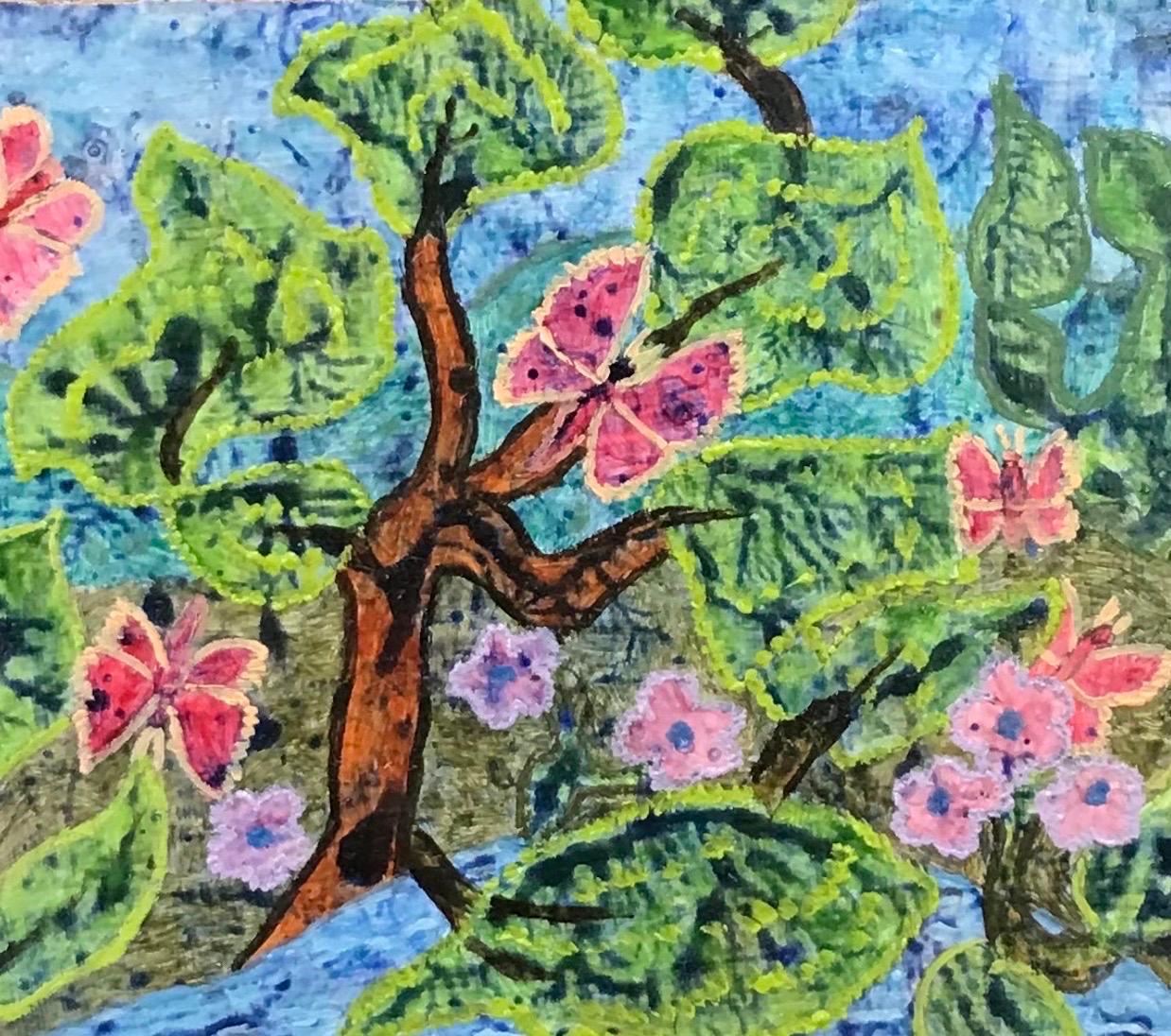 Pittura ad olio surrealista britannica degli anni '60 - Paesaggio astratto di farfalle fantasy - Painting di Elvic Steele
