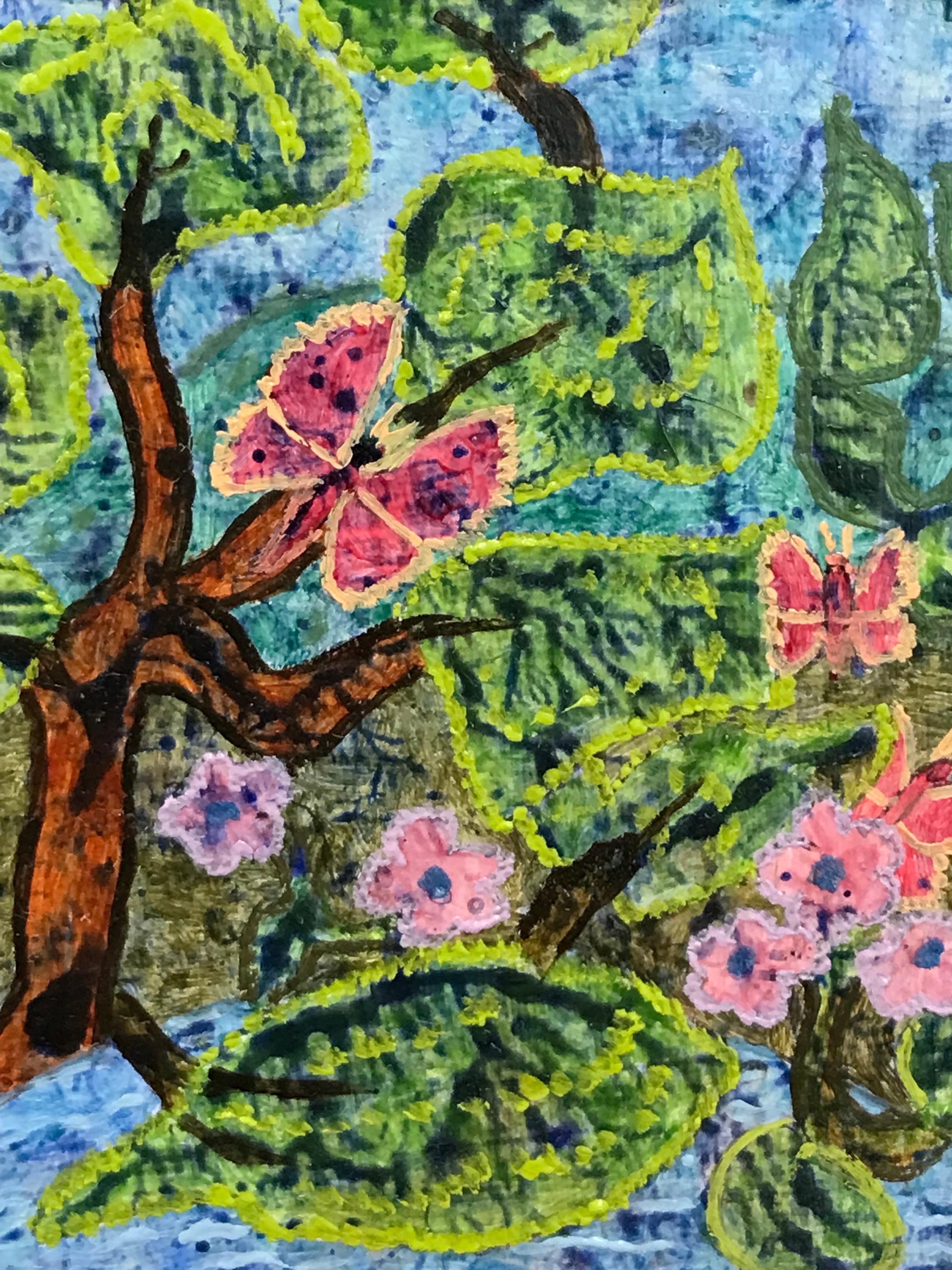 Pittura ad olio surrealista britannica degli anni '60 - Paesaggio astratto di farfalle fantasy - Painting Surrealismo di Elvic Steele