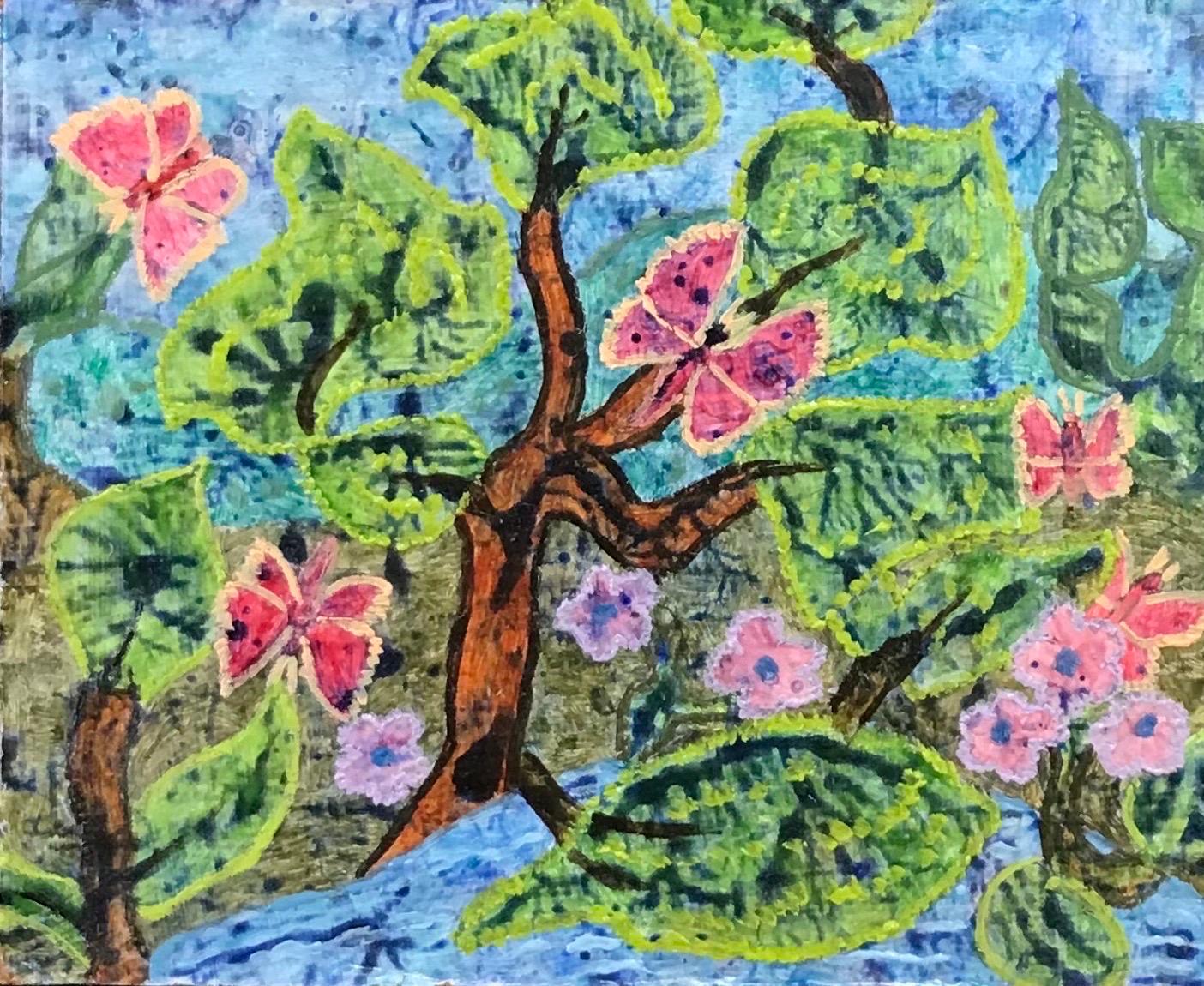 Abstract Painting di Elvic Steele - Pittura ad olio surrealista britannica degli anni '60 - Paesaggio astratto di farfalle fantasy