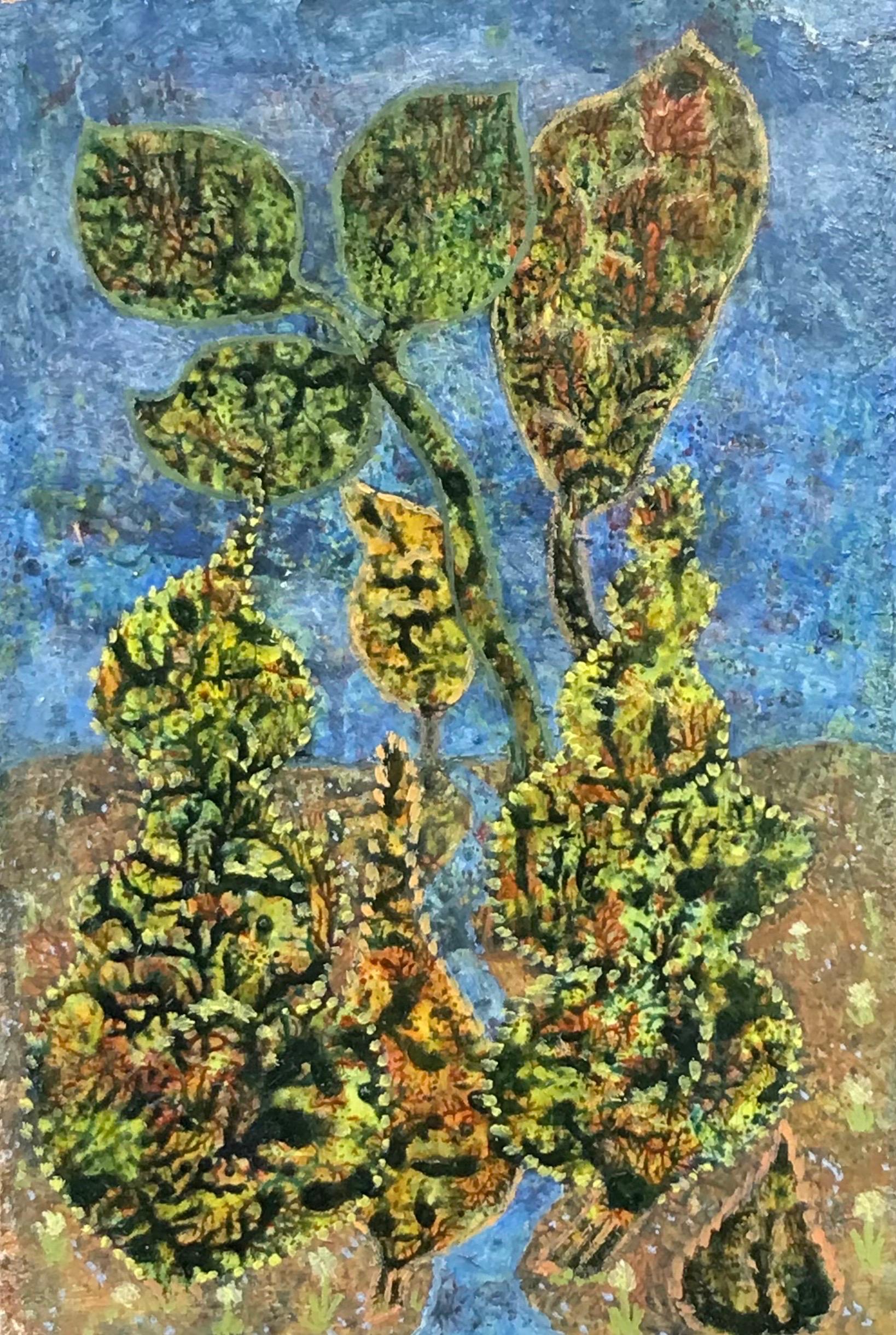 Abstract Painting Elvic Steele - Peinture à l'huile surréaliste britannique des années 1960 - Peinture à l'huile abstraite vert herbe