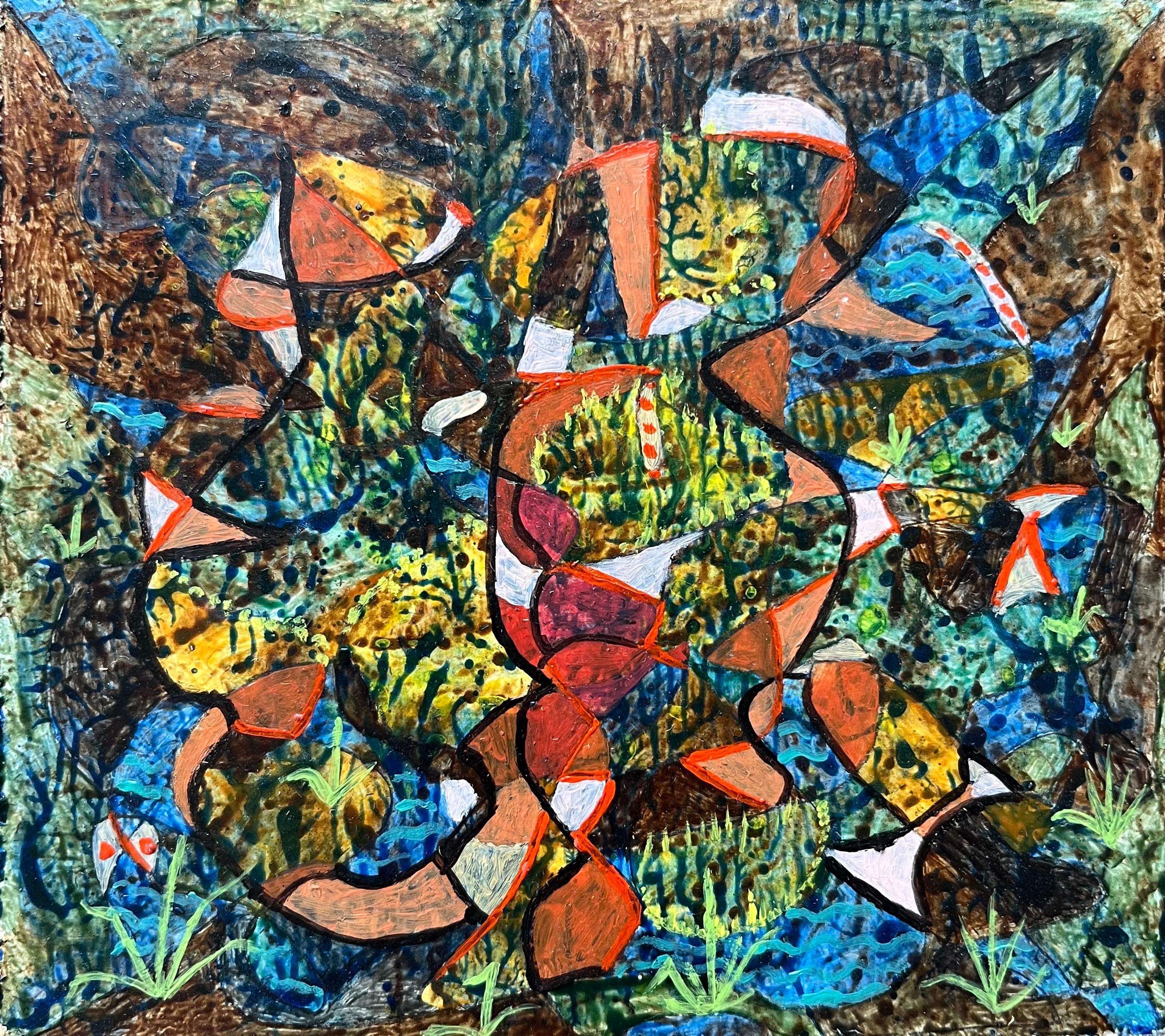 Abstract Painting de Elvic Steele - Pintura al óleo surrealista británica de los años 60 - "El equilibrio de la naturaleza se mantiene"