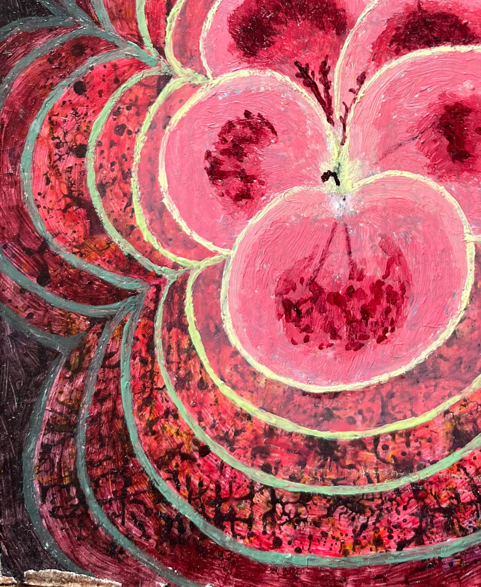 Pittura ad olio surrealista britannica degli anni '60 - Energia in fiore astratta - Abstract Painting Rosa di Elvic Steele