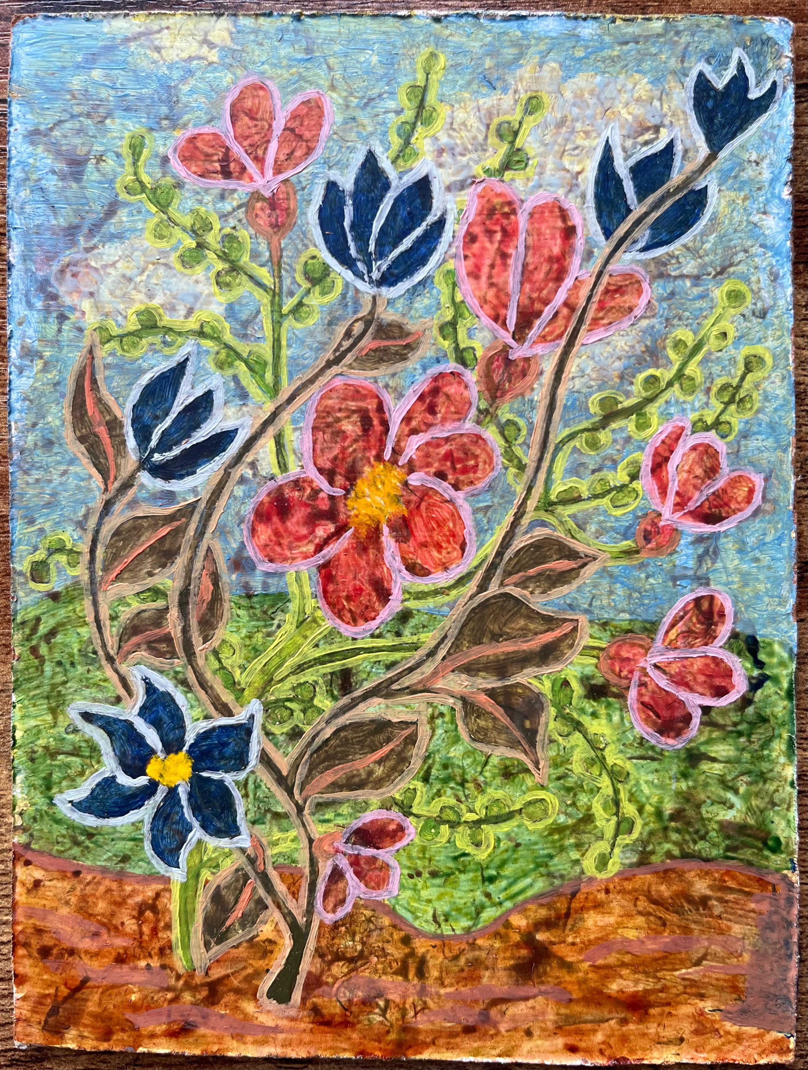 Pittura ad olio surrealista britannica degli anni '60 - Fiori selvatici in fiore in primavera Astratto - Painting di Elvic Steele