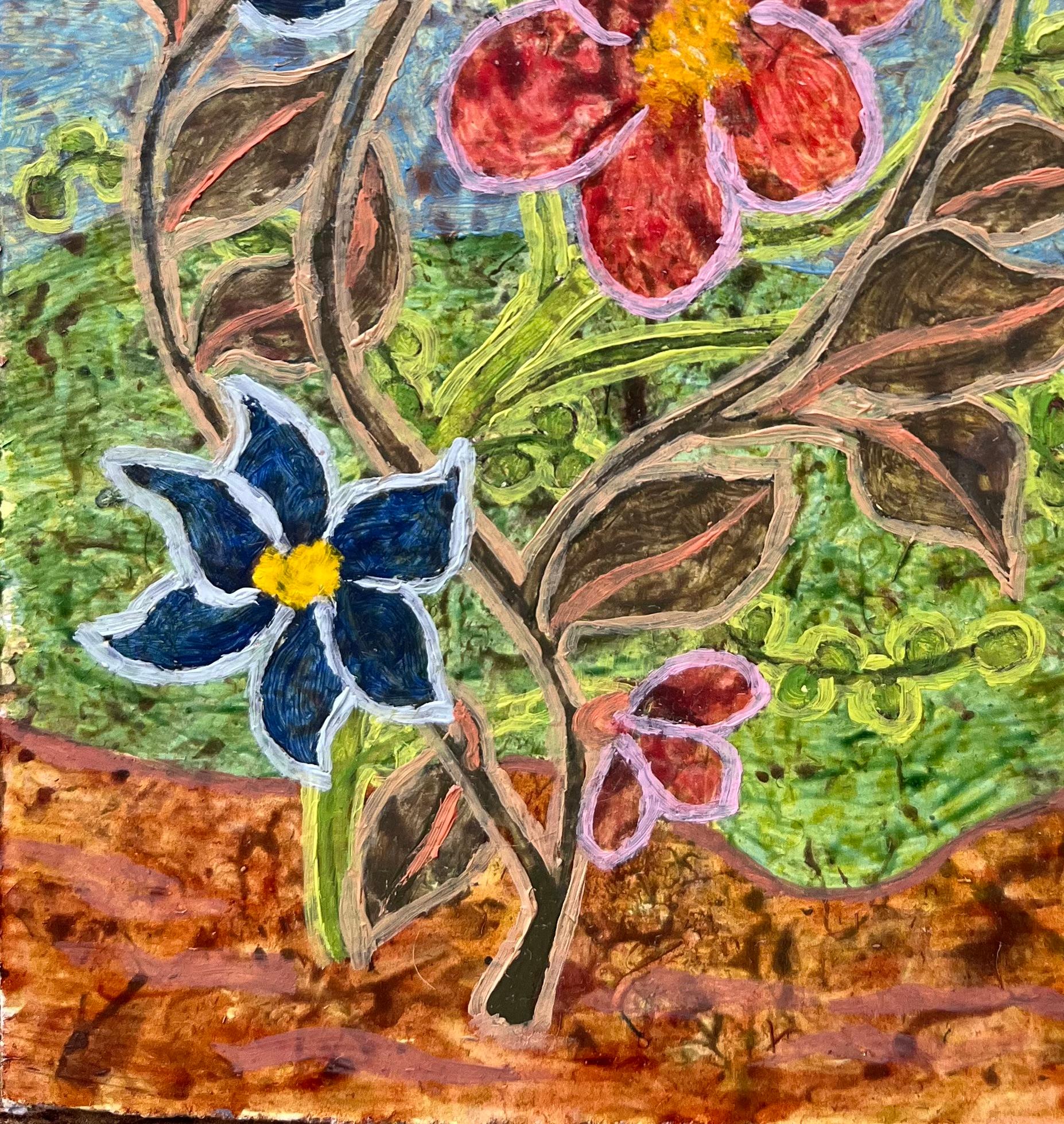 Pittura ad olio surrealista britannica degli anni '60 - Fiori selvatici in fiore in primavera Astratto - Abstract Painting Marrone di Elvic Steele