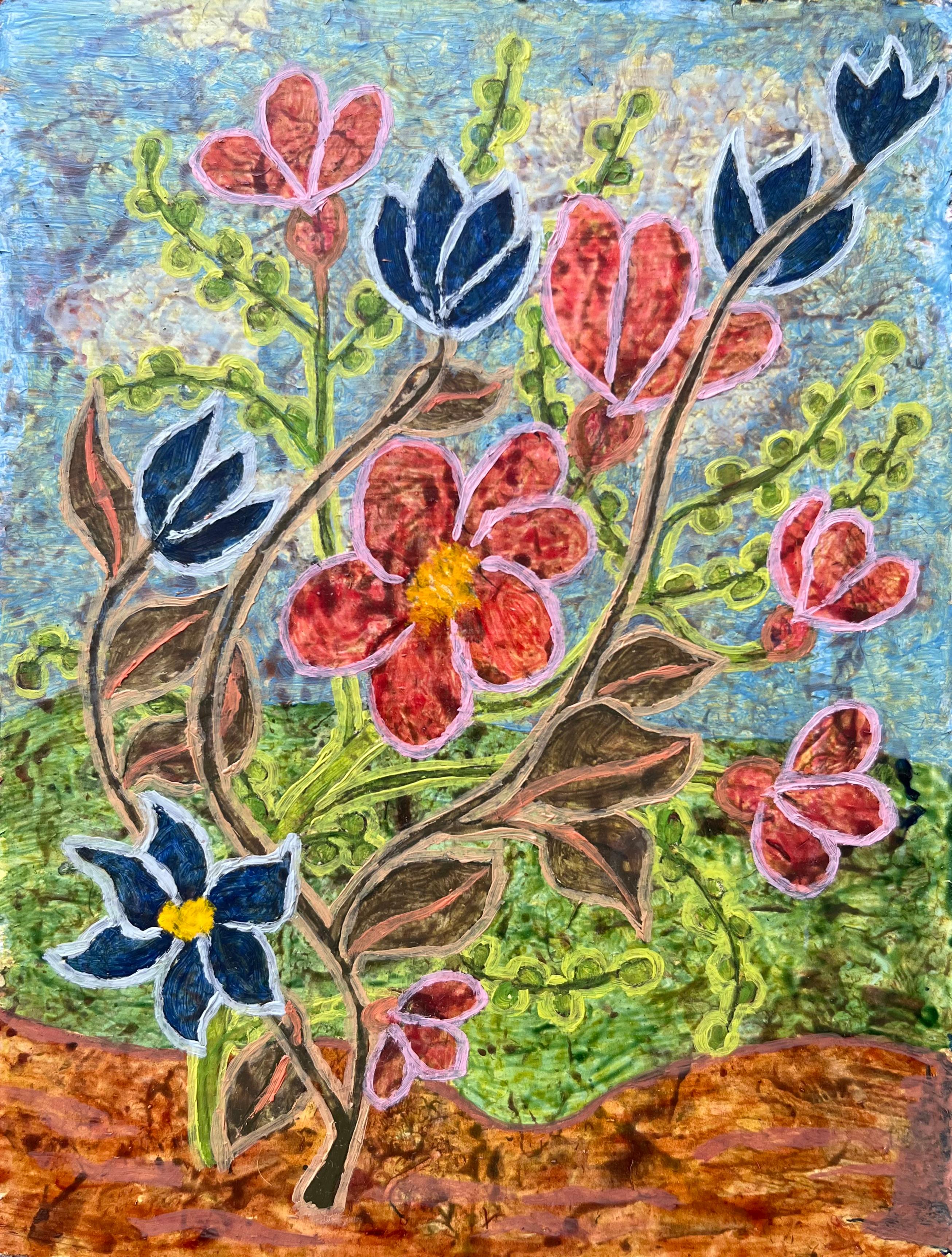 Abstract Painting di Elvic Steele - Pittura ad olio surrealista britannica degli anni '60 - Fiori selvatici in fiore in primavera Astratto