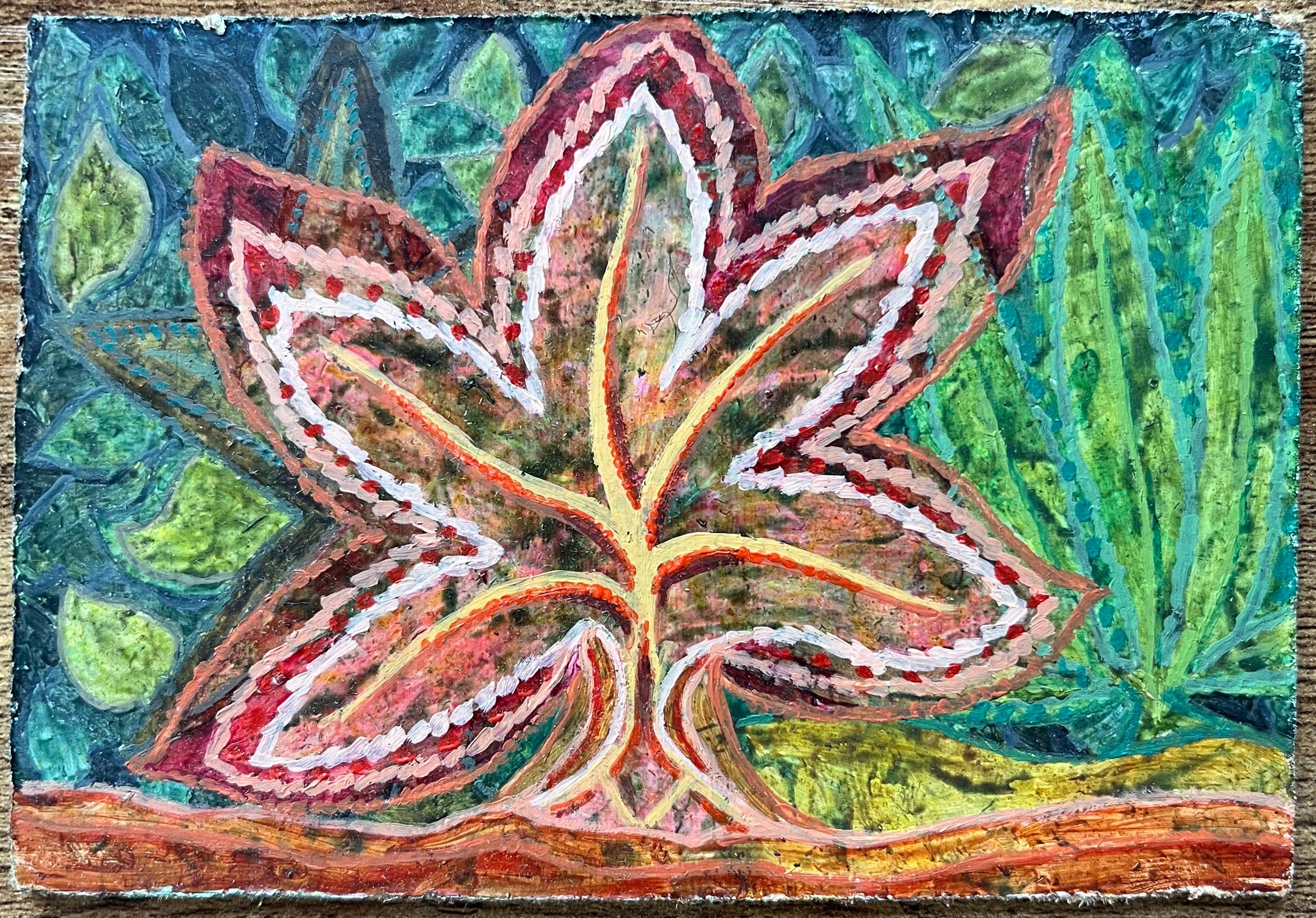 Pittura a olio surrealista britannica degli anni '60 - Fogliame in fiore e radici di terra - Painting di Elvic Steele