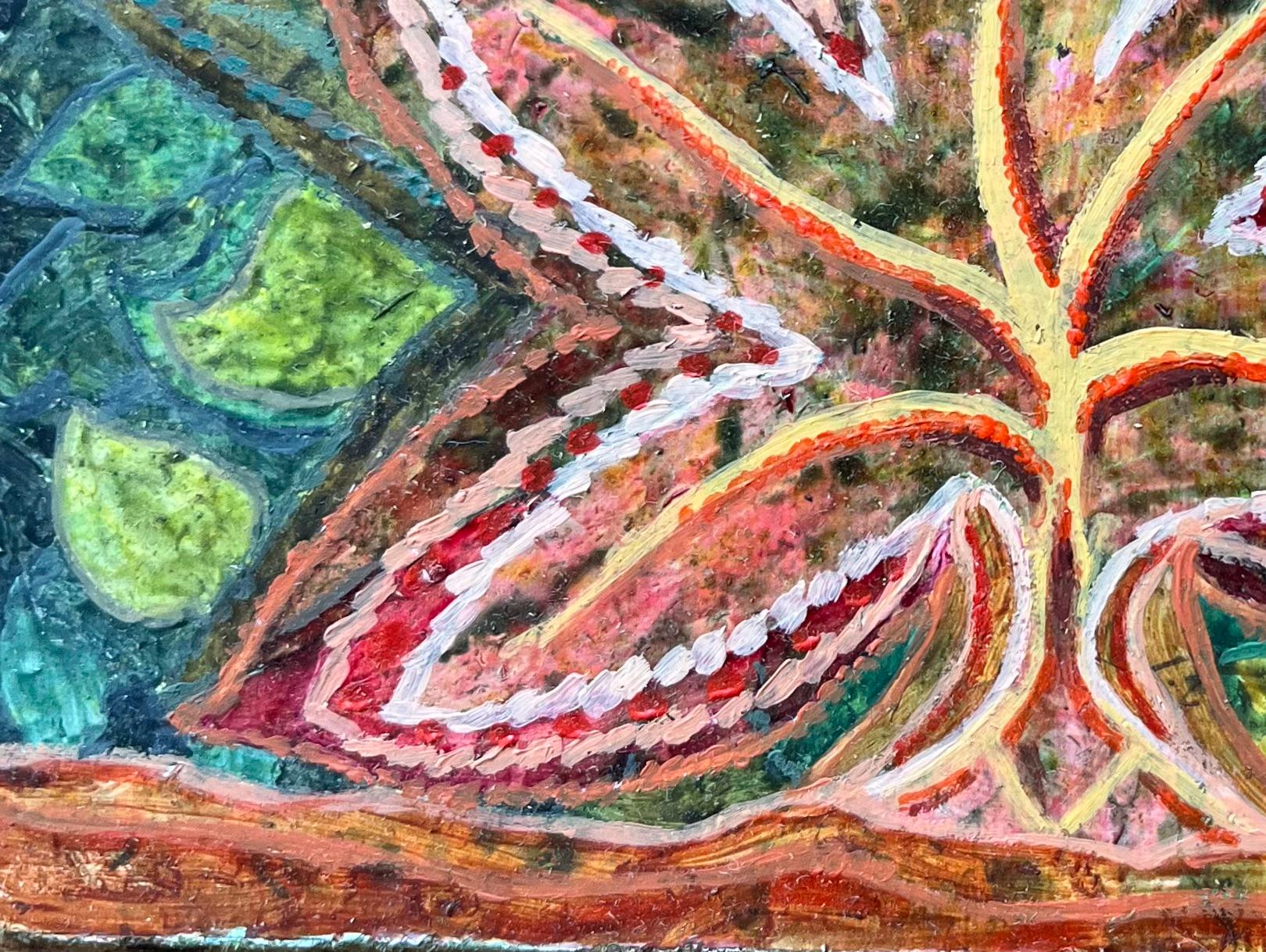 Titolo: Pittura ad olio surrealista britannica degli anni '60 - Fogliame in fiore e radici di terra
Mezzo: Olio su tavola, senza cornice
Dimensioni: 4 altezza x 6 larghezza
Condizioni: Buono 
Provenienza: tutti i quadri che abbiamo di questo artista
