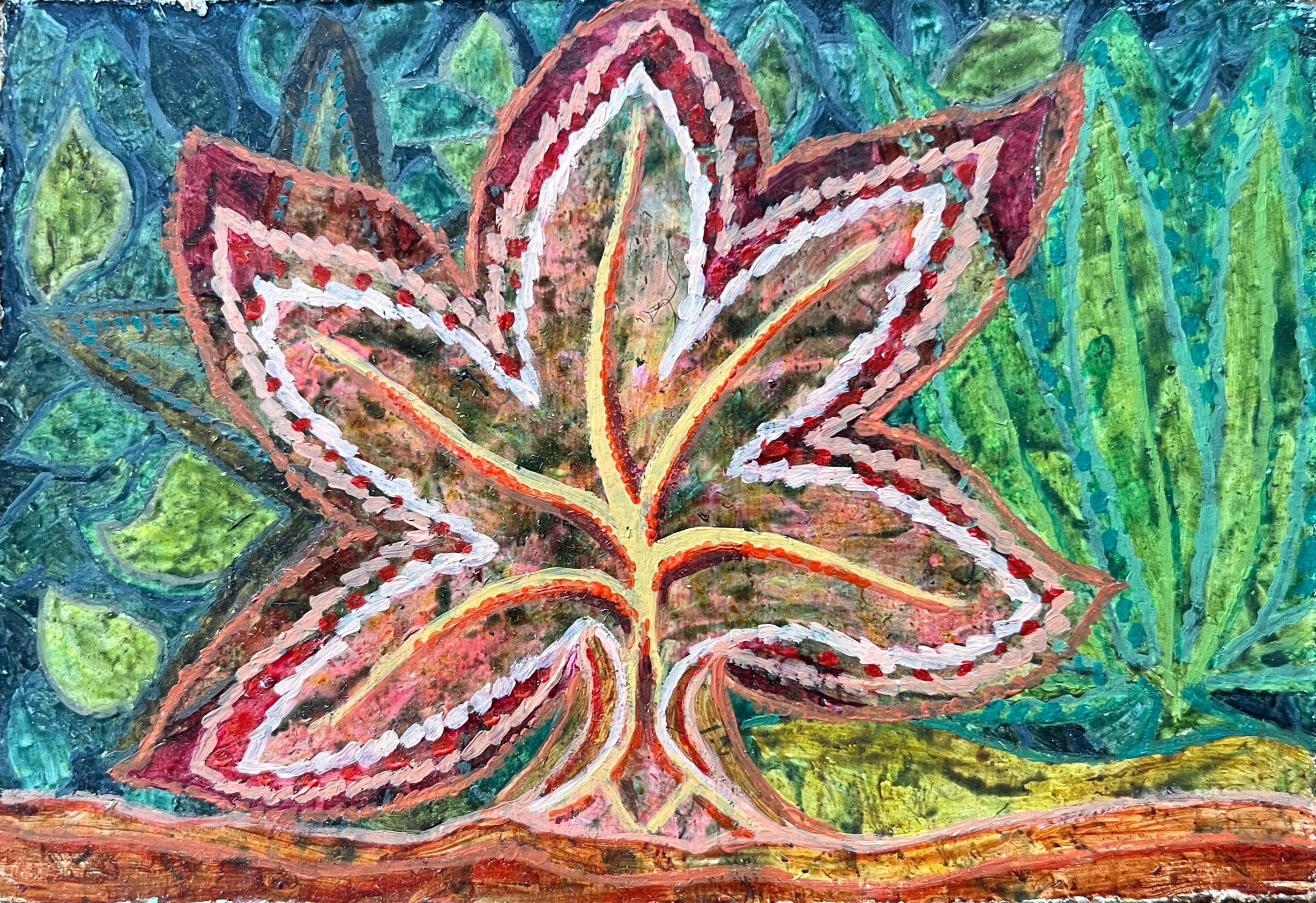 Abstract Painting di Elvic Steele - Pittura a olio surrealista britannica degli anni '60 - Fogliame in fiore e radici di terra