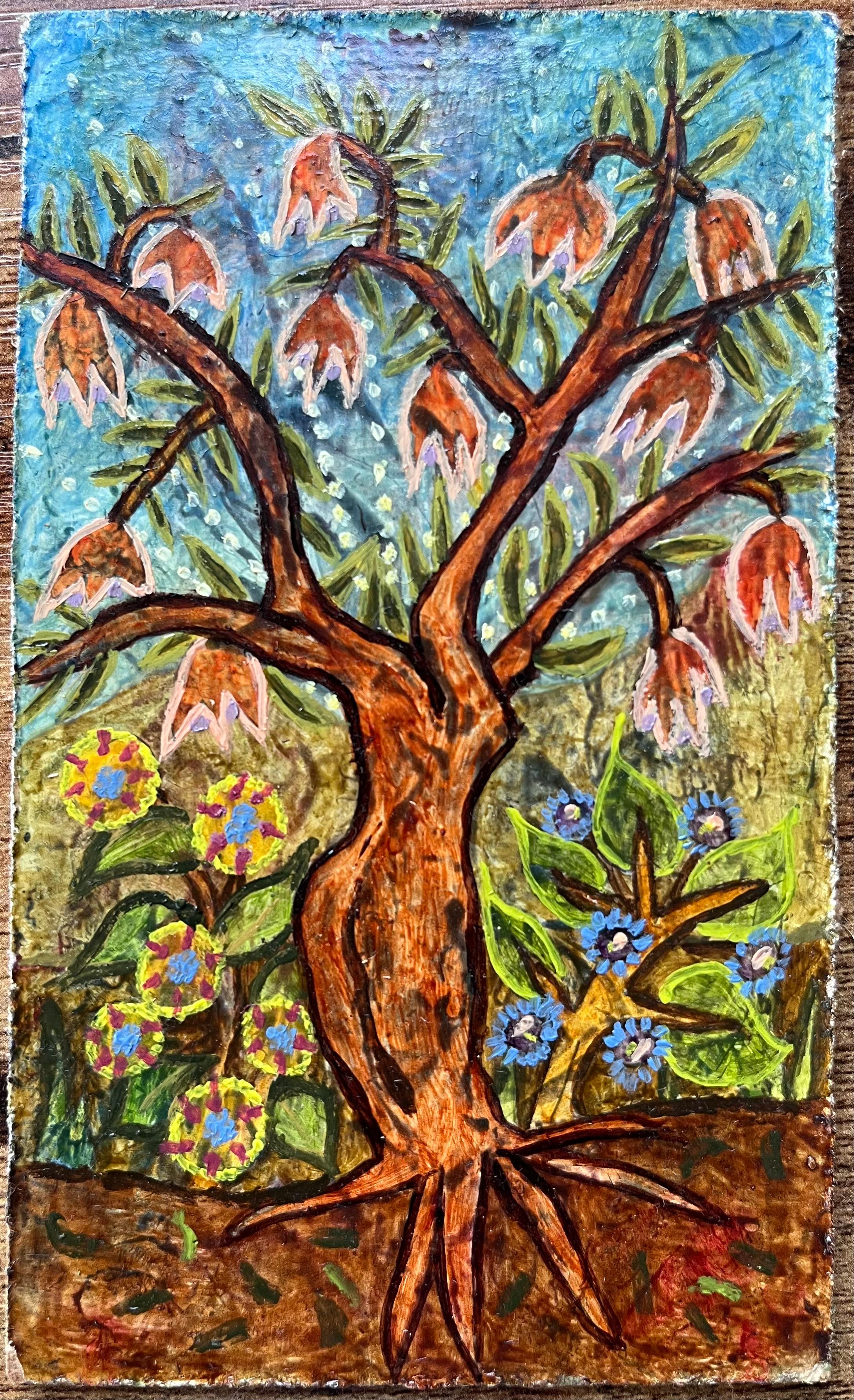 1960's British Surrealist Ölgemälde - Blühender Baum mit Wildblumen – Painting von Elvic Steele