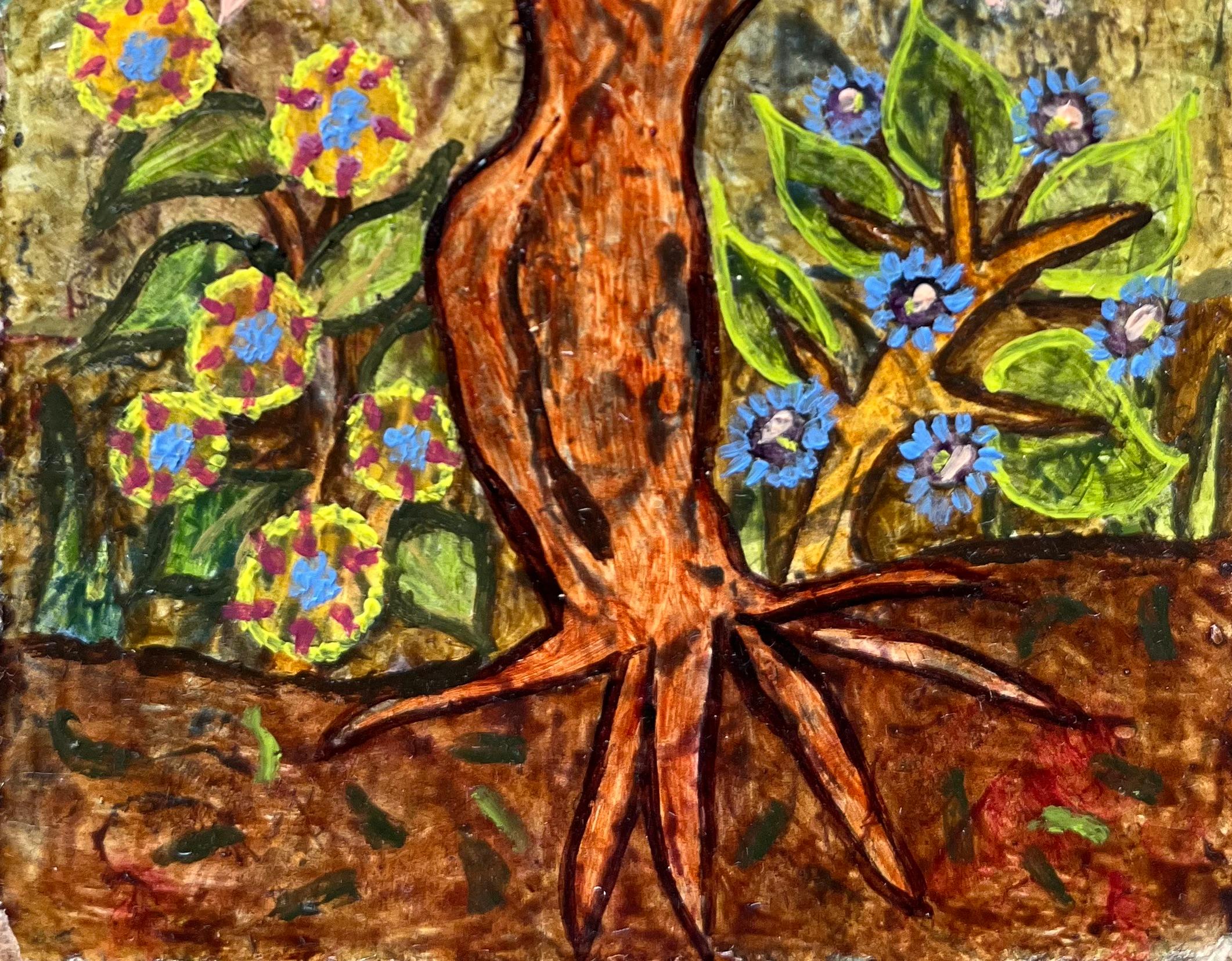 1960's British Surrealist Ölgemälde - Blühender Baum mit Wildblumen (Surrealismus), Painting, von Elvic Steele