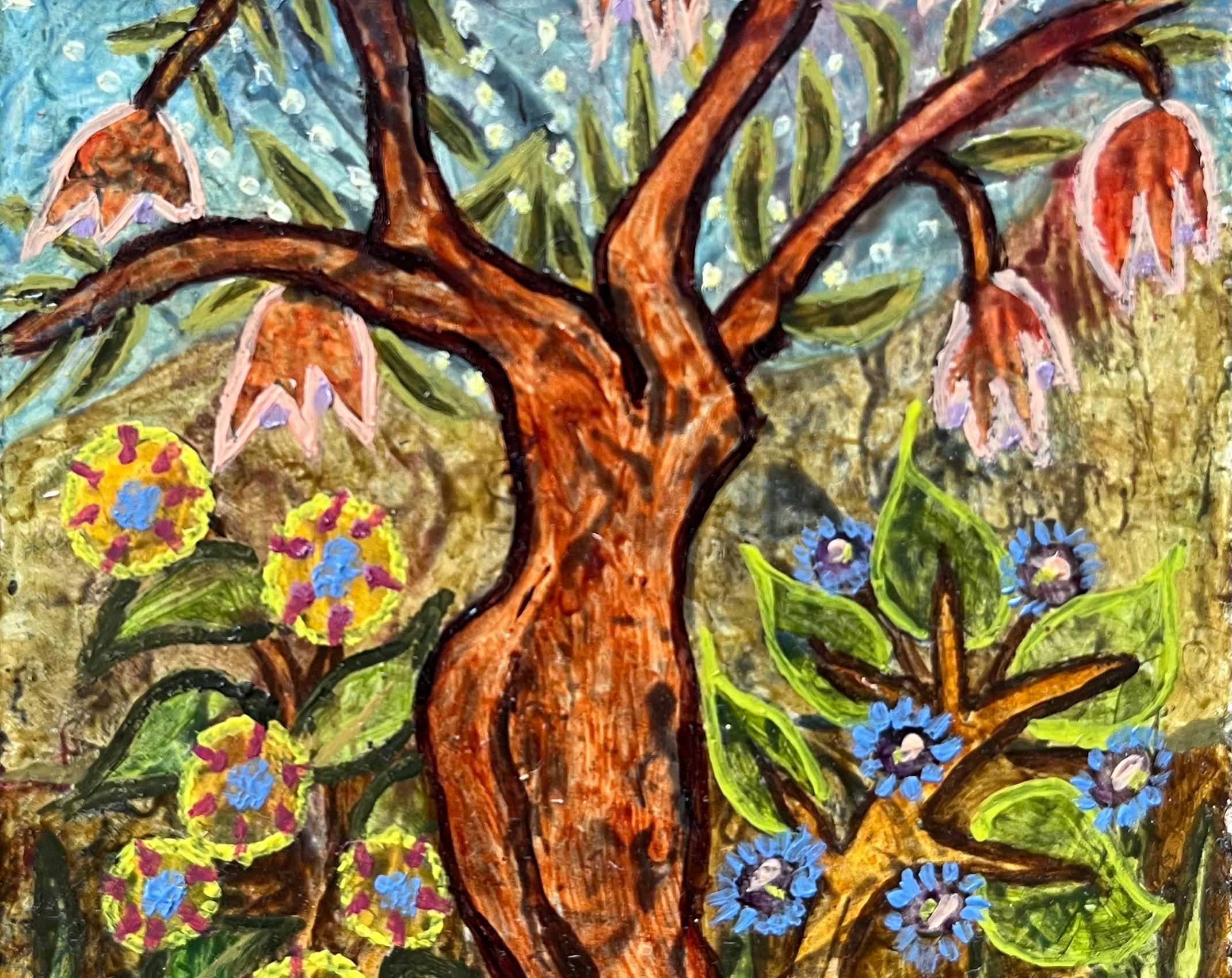 1960's British Surrealist Ölgemälde - Blühender Baum mit Wildblumen (Braun), Abstract Painting, von Elvic Steele