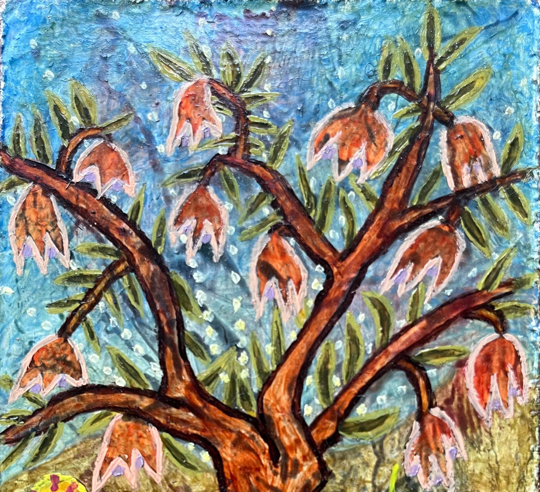 Titel: Britisches surrealistisches Ölgemälde aus den 1960er Jahren - Blühender Baum mit Wildblumen
Medium: Öl auf Karton, ungerahmt
Größe: 5,75 Höhe x 3,5 Breite
Zustand: Gut 
Provenienz: Alle Gemälde, die wir von diesem Künstler besitzen, stammen