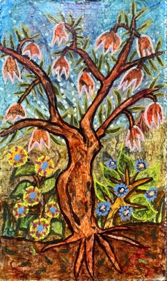 1960's British Surrealist Oil Painting - Blossoming Tree with Wildflowers