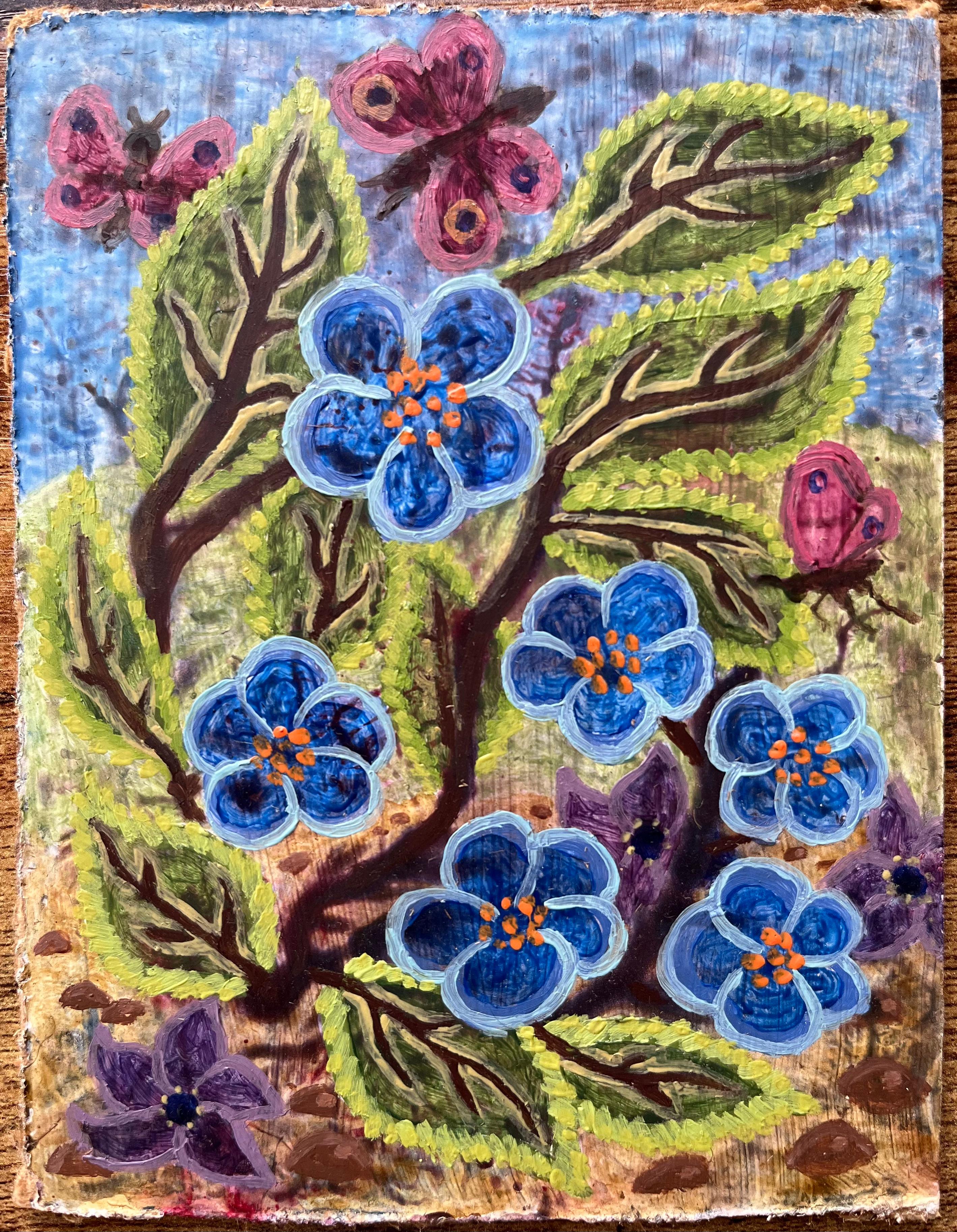 Pittura ad olio surrealista britannica degli anni '60 - Fiori blu e farfalle - Painting di Elvic Steele