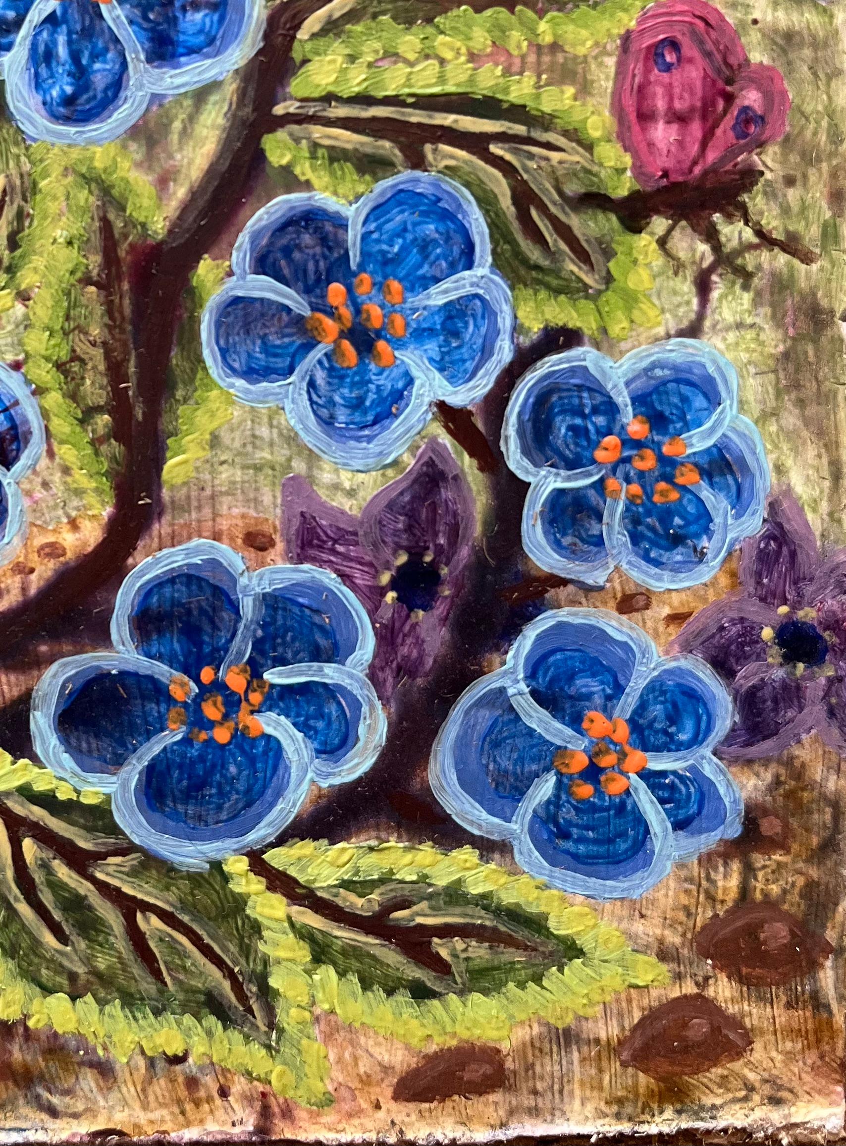 Pittura ad olio surrealista britannica degli anni '60 - Fiori blu e farfalle - Painting Surrealismo di Elvic Steele