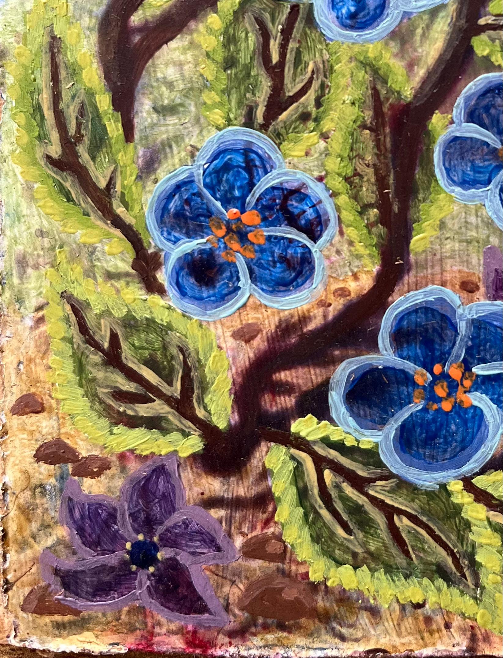 Pittura ad olio surrealista britannica degli anni '60 - Fiori blu e farfalle - Abstract Painting Marrone di Elvic Steele