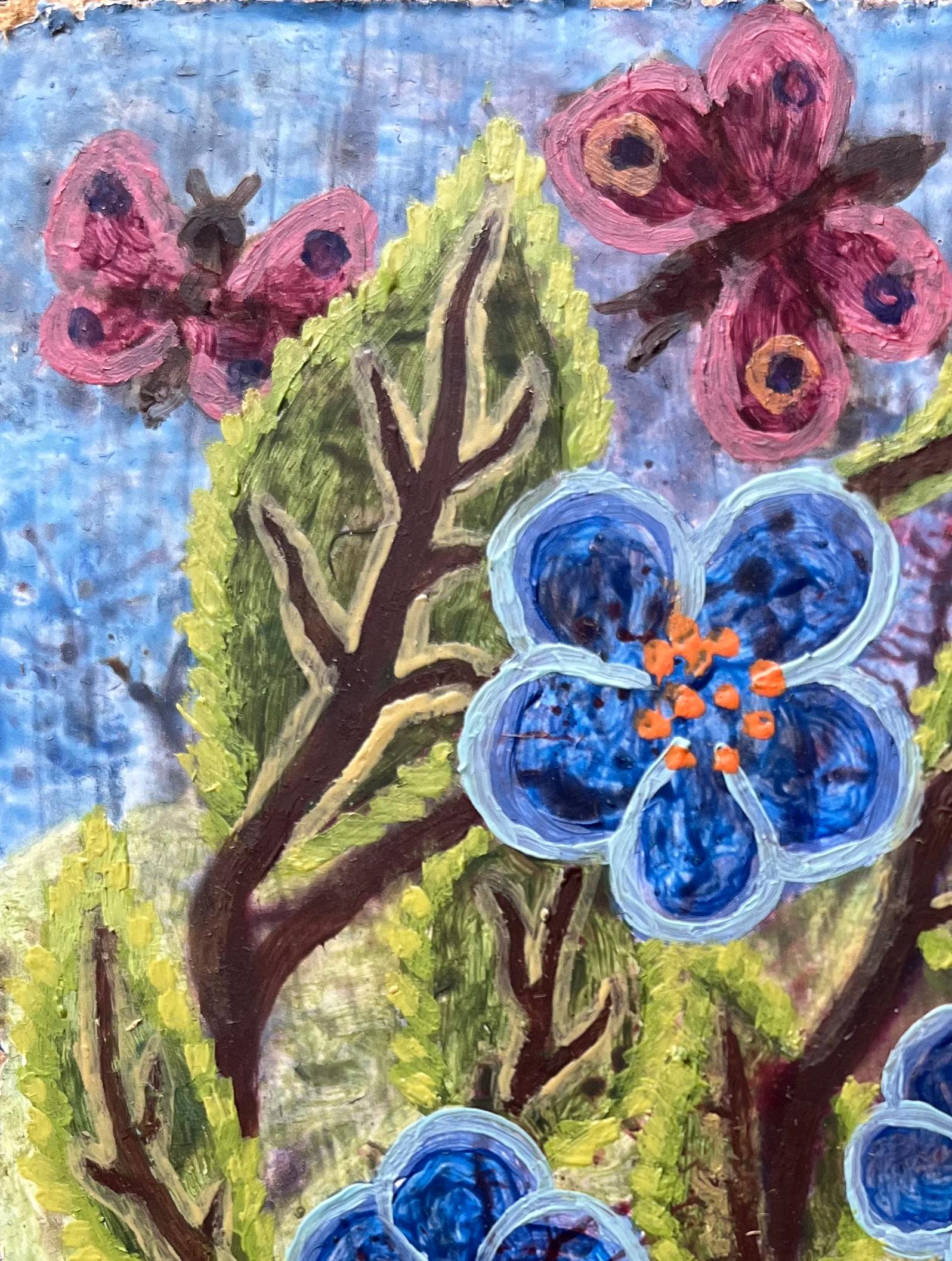 Titolo: Pittura ad olio surrealista britannica degli anni '60 - Fiori blu e farfalle
Mezzo: Olio su tavola, senza cornice
Dimensioni: 6 altezza x 4,75 larghezza
Condizioni: Buono 
Provenienza: tutti i quadri che abbiamo di questo artista provengono