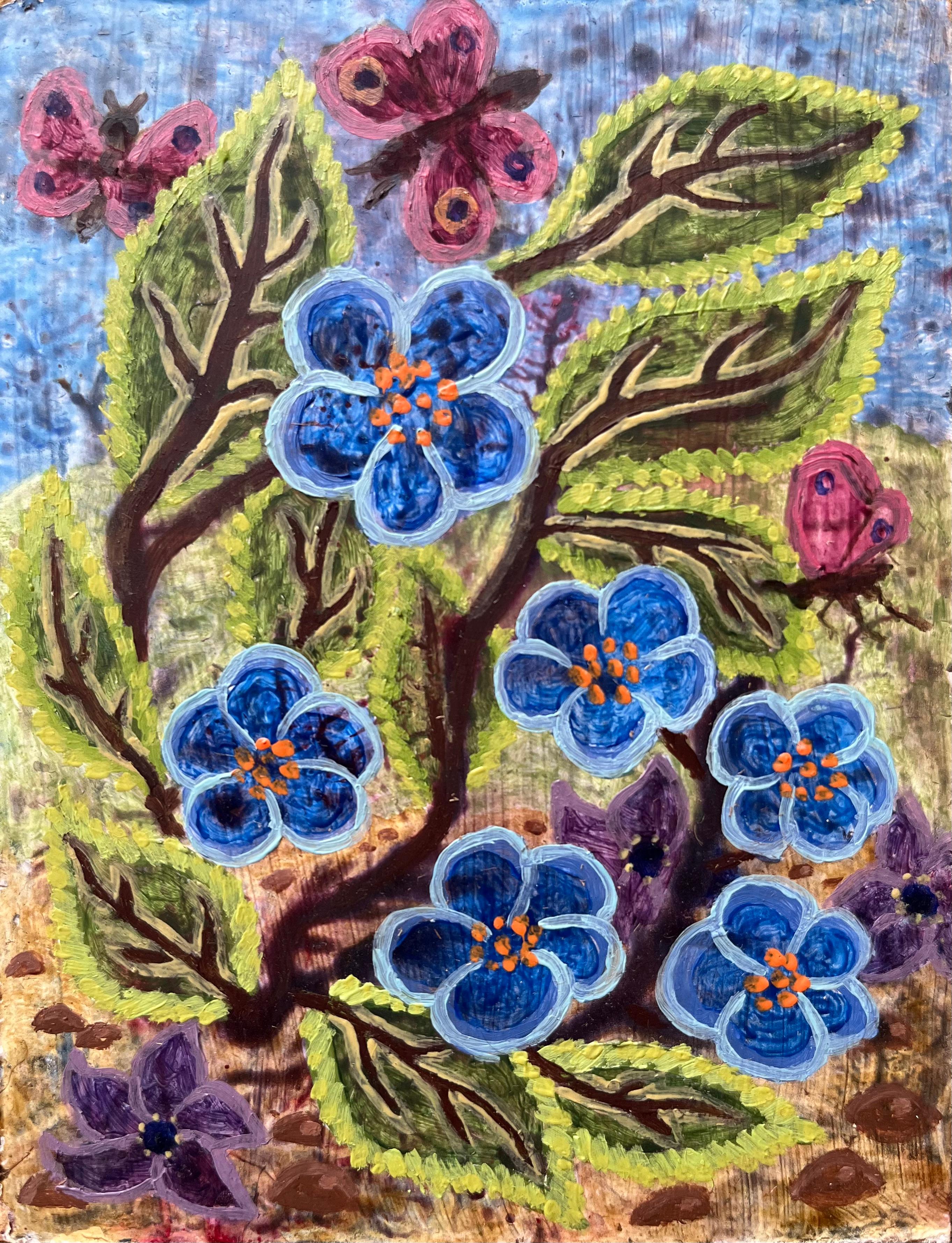 Abstract Painting di Elvic Steele - Pittura ad olio surrealista britannica degli anni '60 - Fiori blu e farfalle