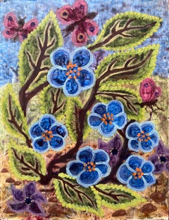 1960's British Surrealist Ölgemälde - Blaue Blüten und Schmetterlinge