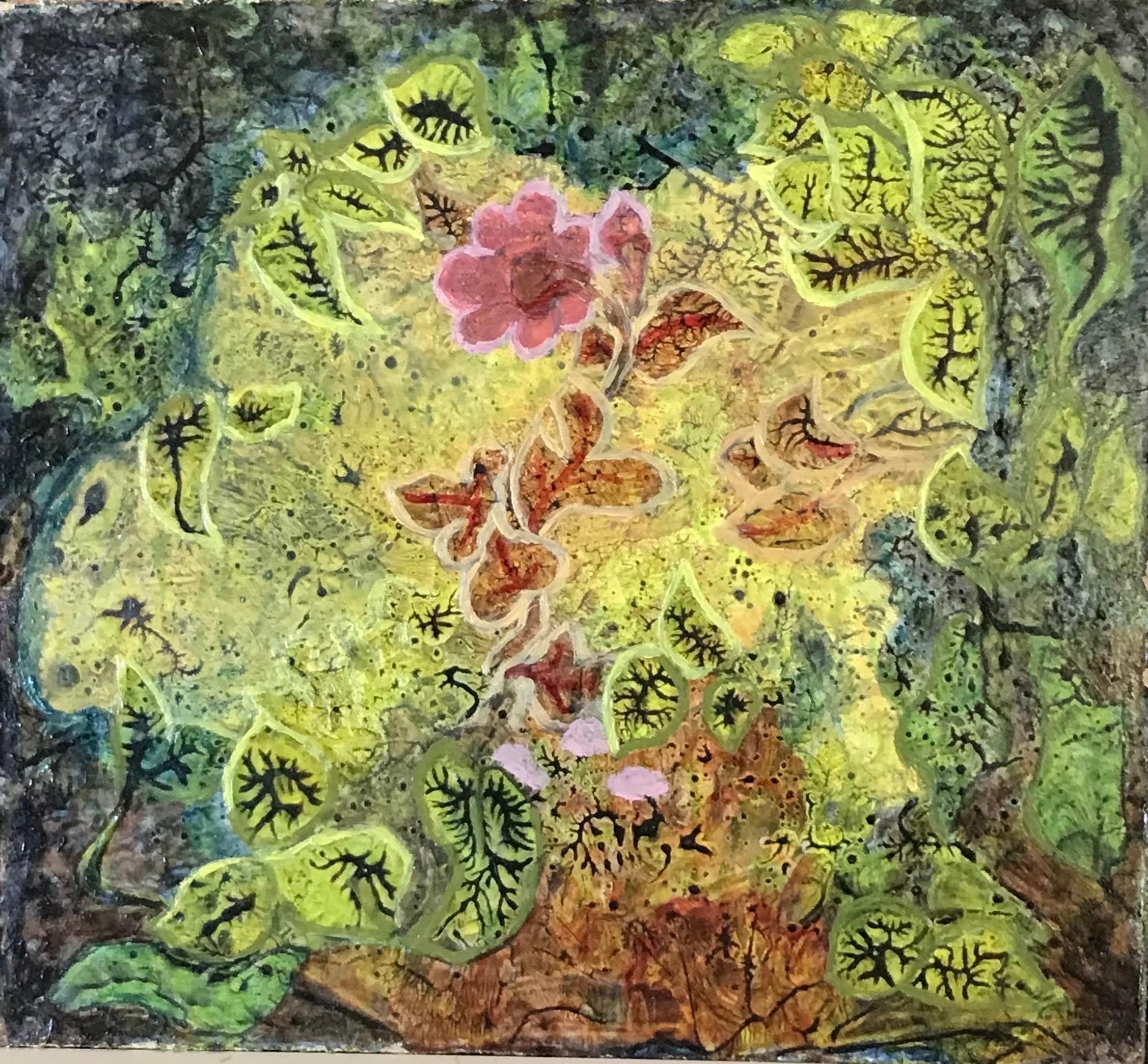 Elvic Steele Abstract Painting - 1960's British Surrealist Oil Painting - 'Bright Green Garden' Fantasy Abstract