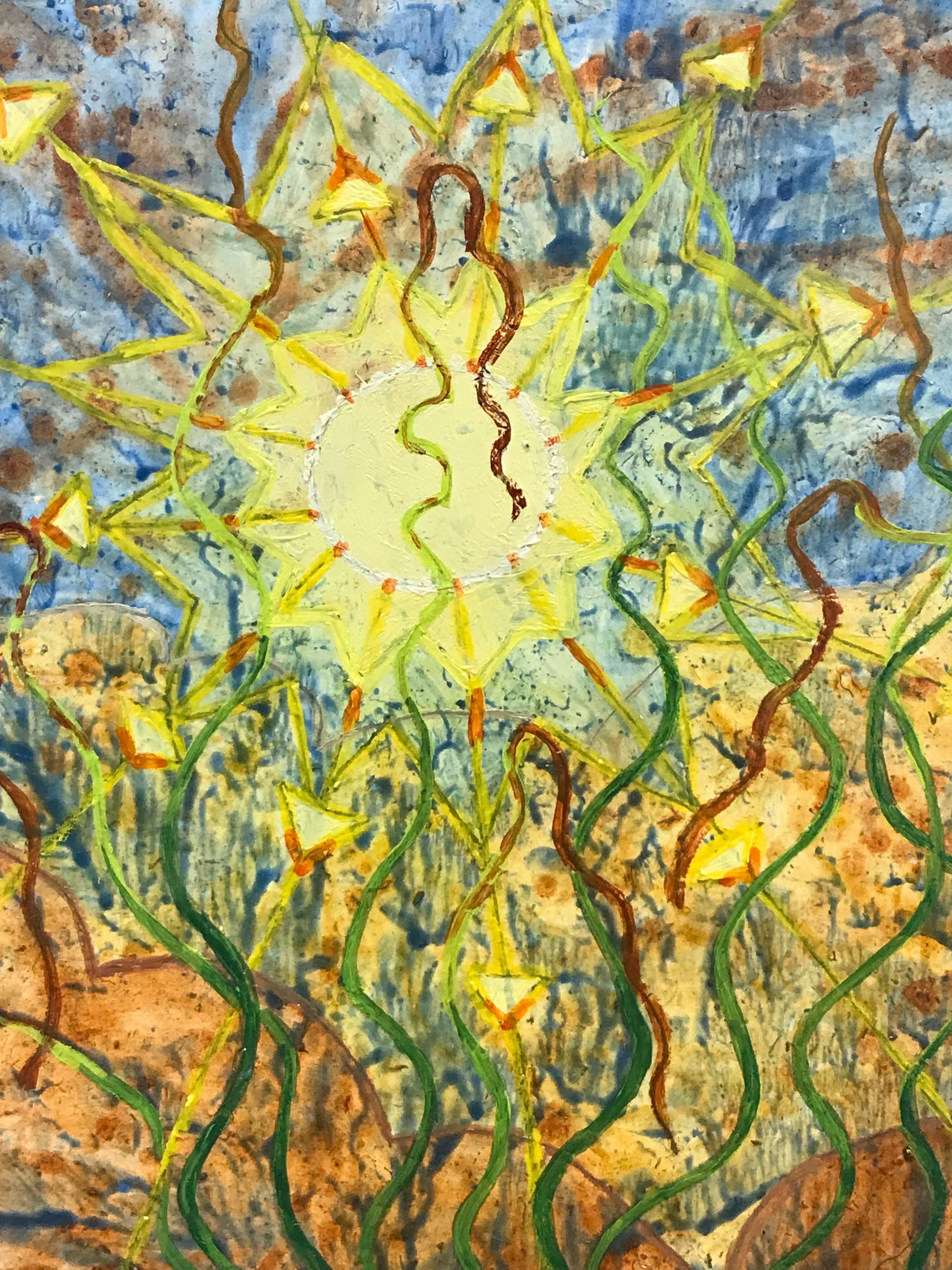 Pittura ad olio surrealista britannica degli anni '60 - Sole giallo splendente - Painting di Elvic Steele