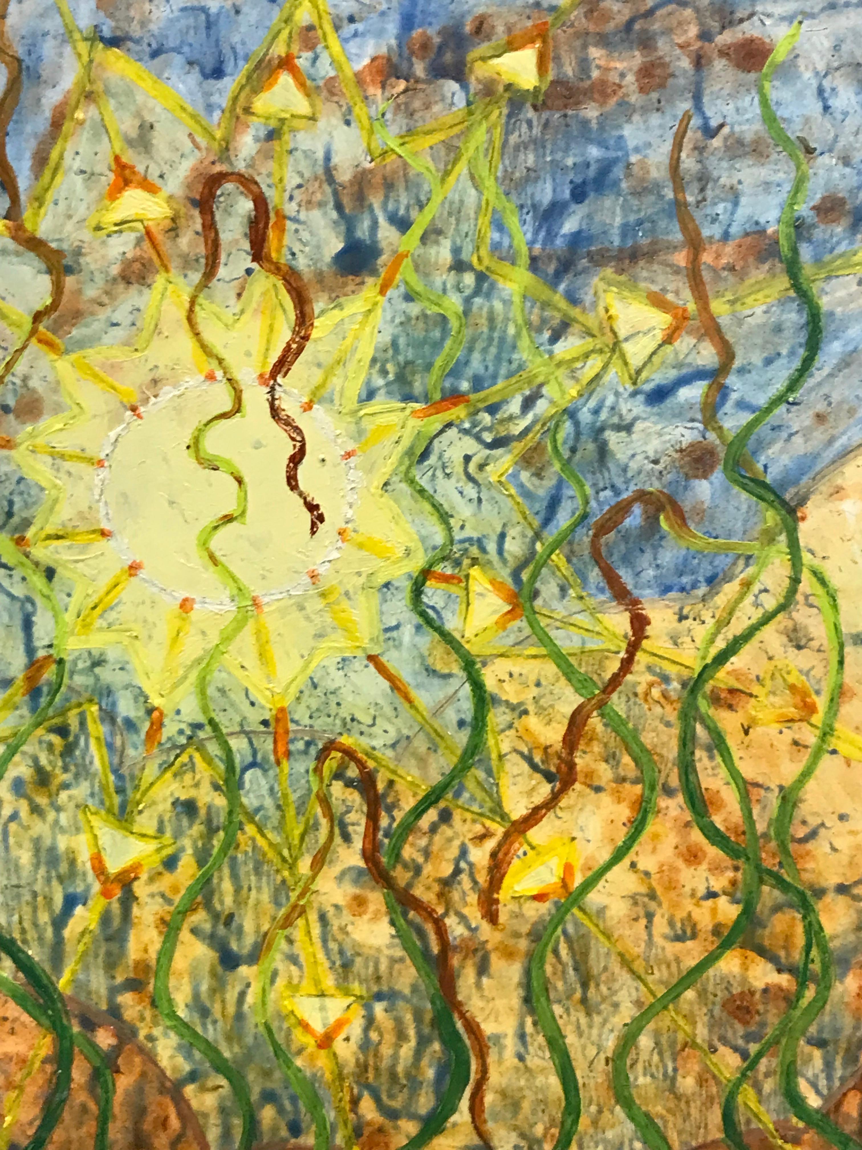 Pittura ad olio surrealista britannica degli anni '60 - Sole giallo splendente - Painting Surrealismo di Elvic Steele
