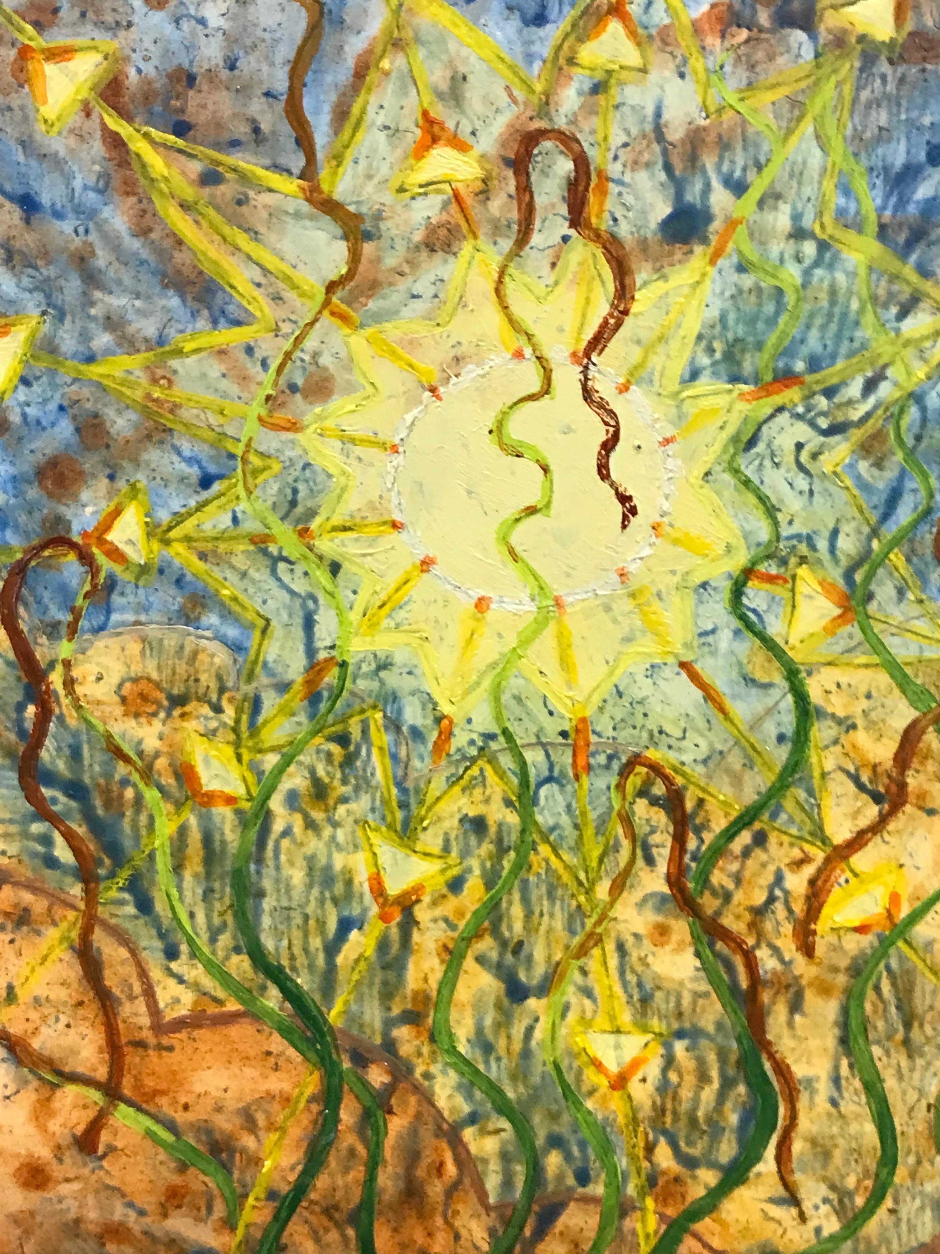 Pittura ad olio surrealista britannica degli anni '60 - Sole giallo splendente - Abstract Painting Beige di Elvic Steele