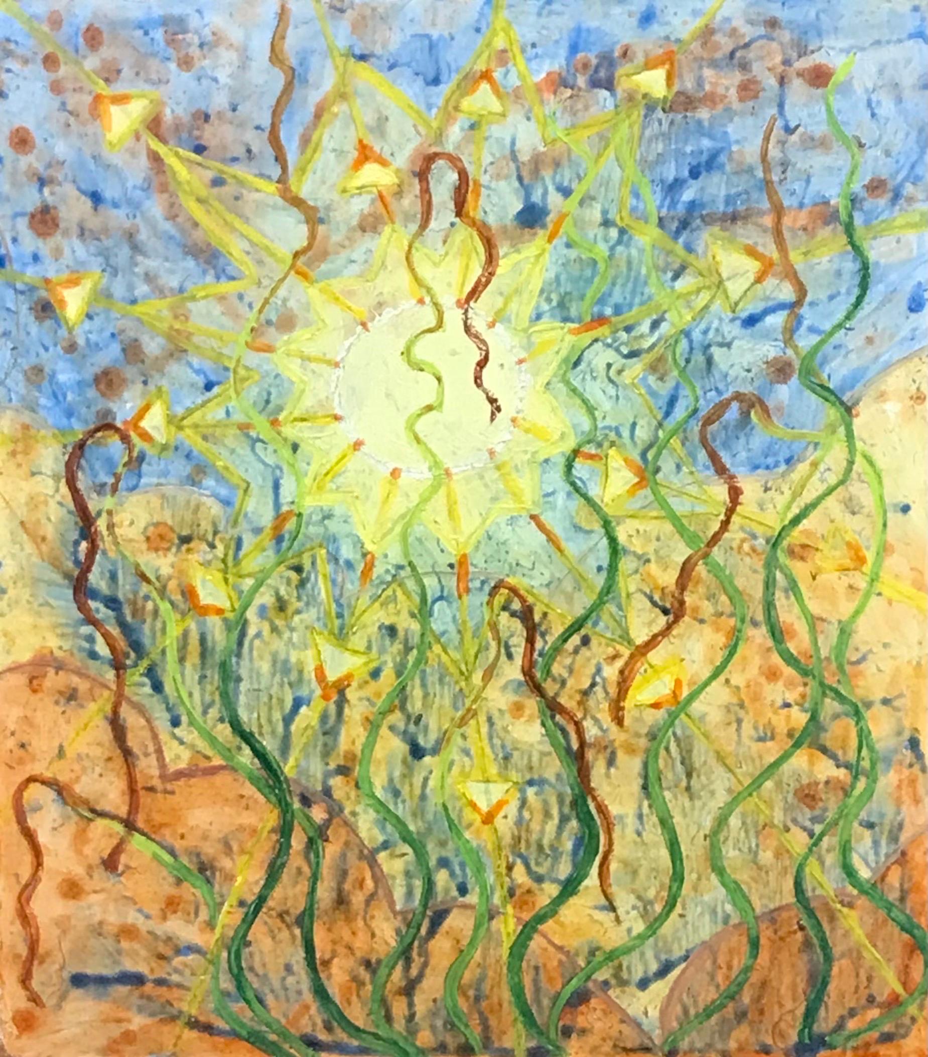 Abstract Painting di Elvic Steele - Pittura ad olio surrealista britannica degli anni '60 - Sole giallo splendente