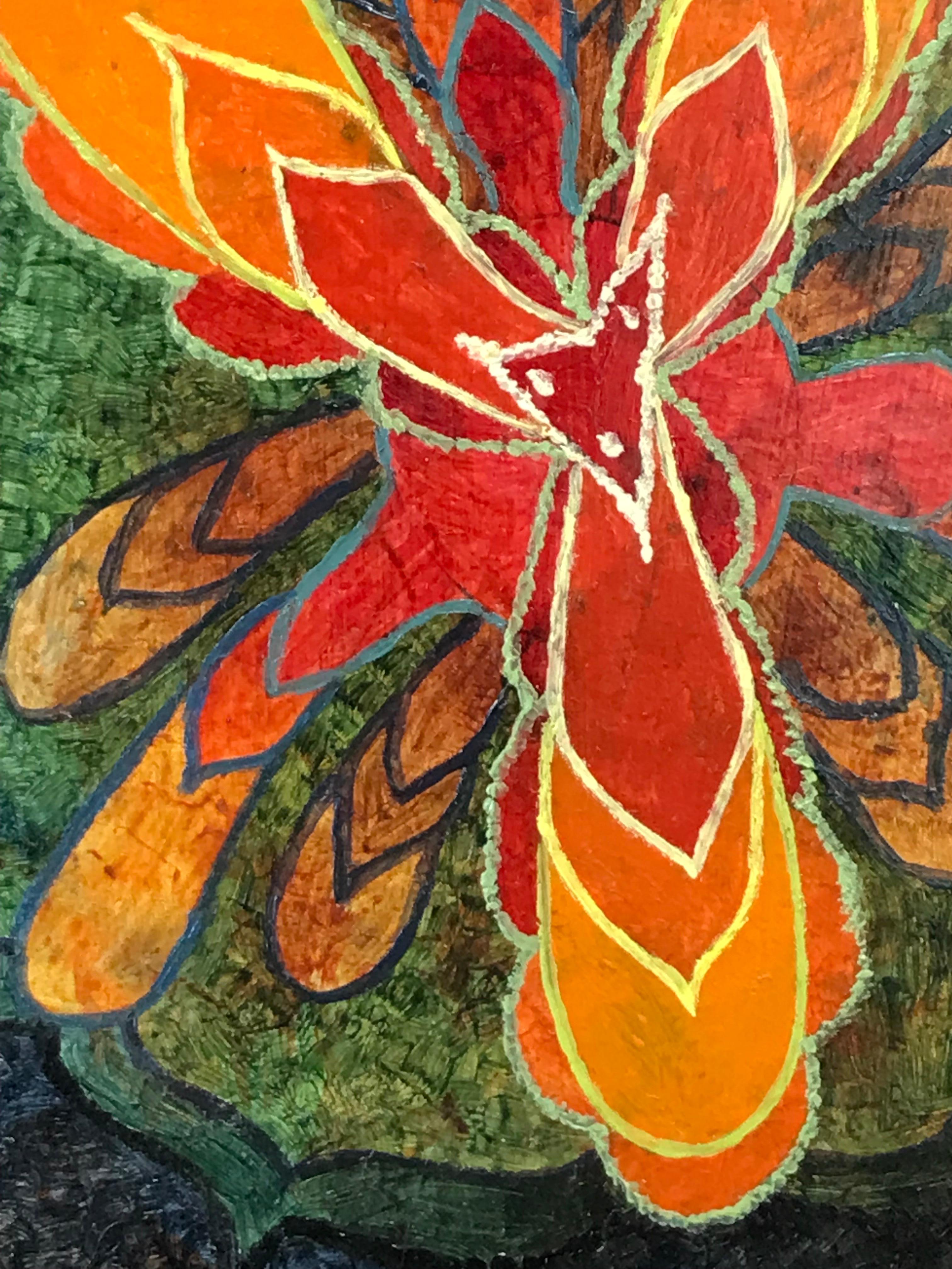 Britisches surrealistisches Ölgemälde aus den 1960er Jahren - Buntes Fantasy-Pflanzgefäßdesign – Painting von Elvic Steele