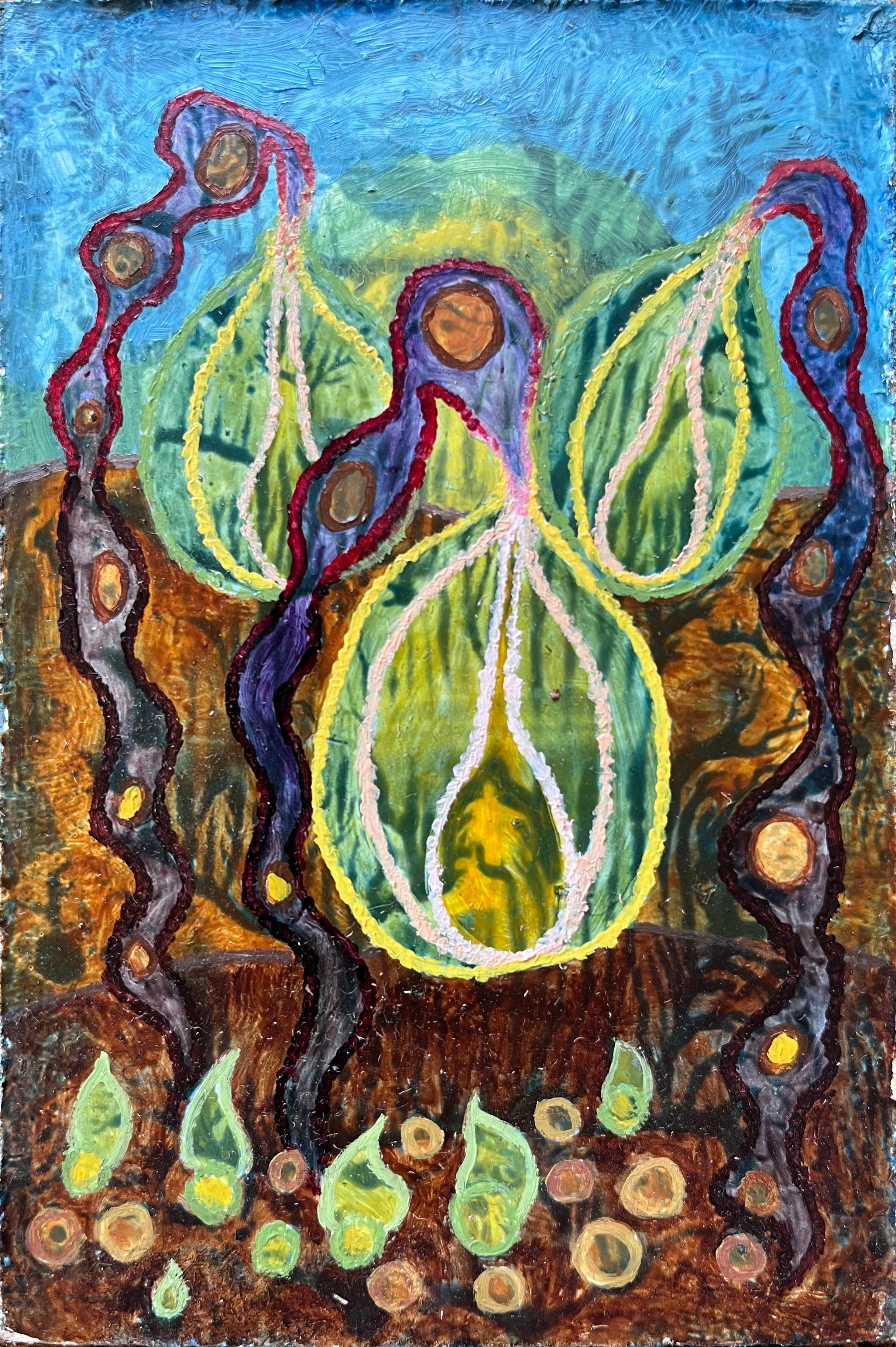 Abstract Painting di Elvic Steele - Pittura ad olio surrealista britannica degli anni '60 - "Creazione + decadenza